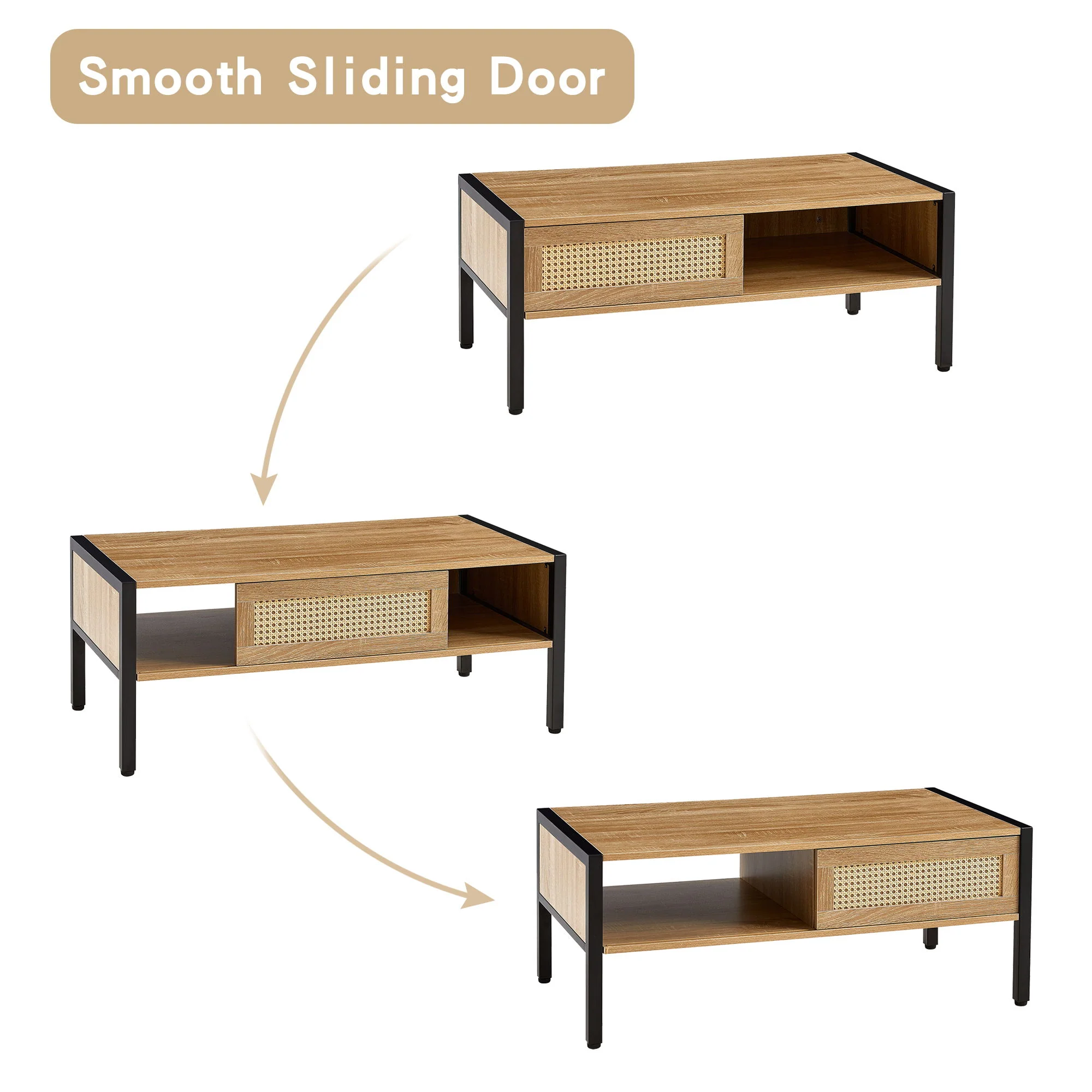 40.16" Rattan Coffee Table, Sliding Door For Storage, Metal Legs, Modern Table For Living Room - Image 9