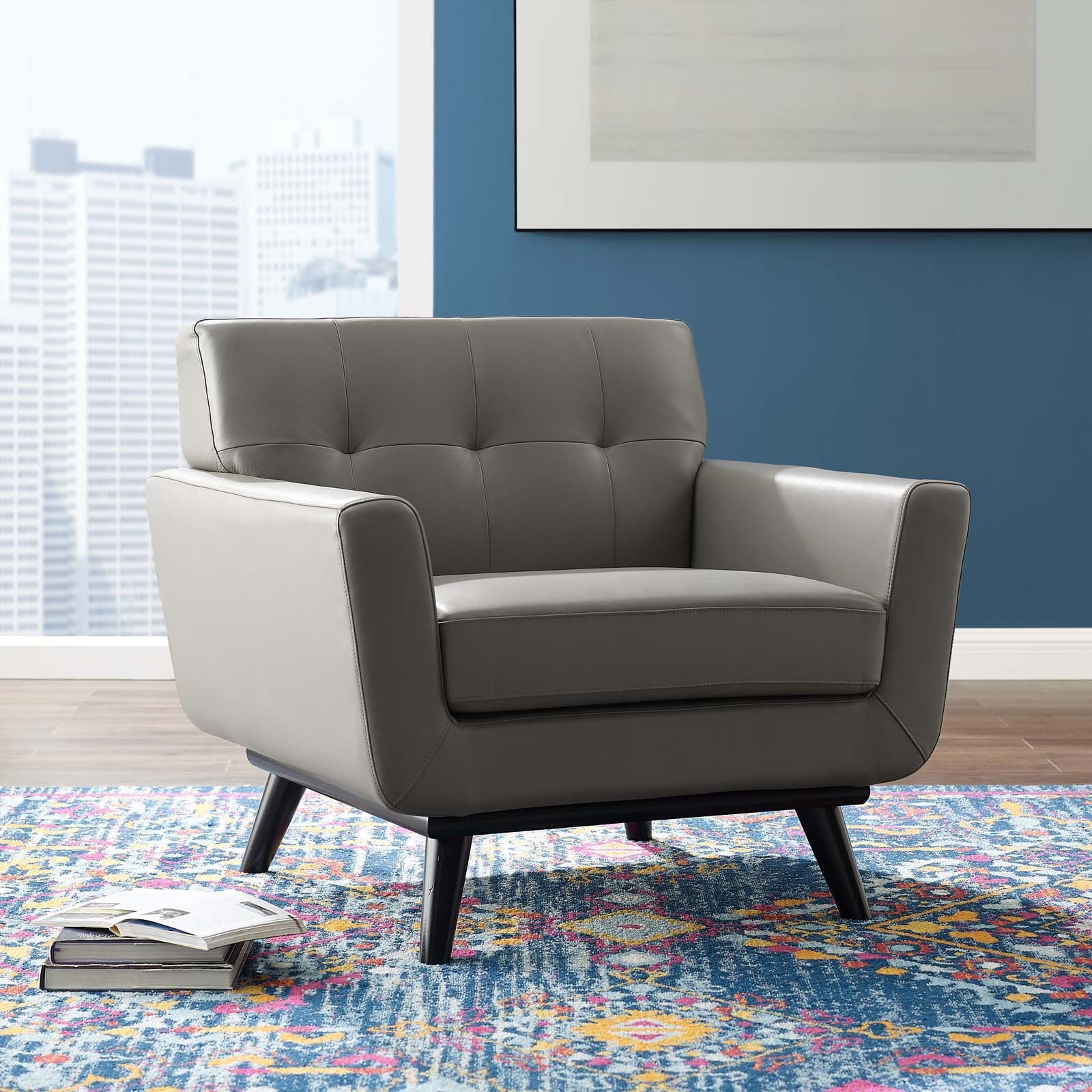 40 Inch Mid-Century Modern Top-Grain Leather Accent Armchair with Splayed Wood Legs - Image 6