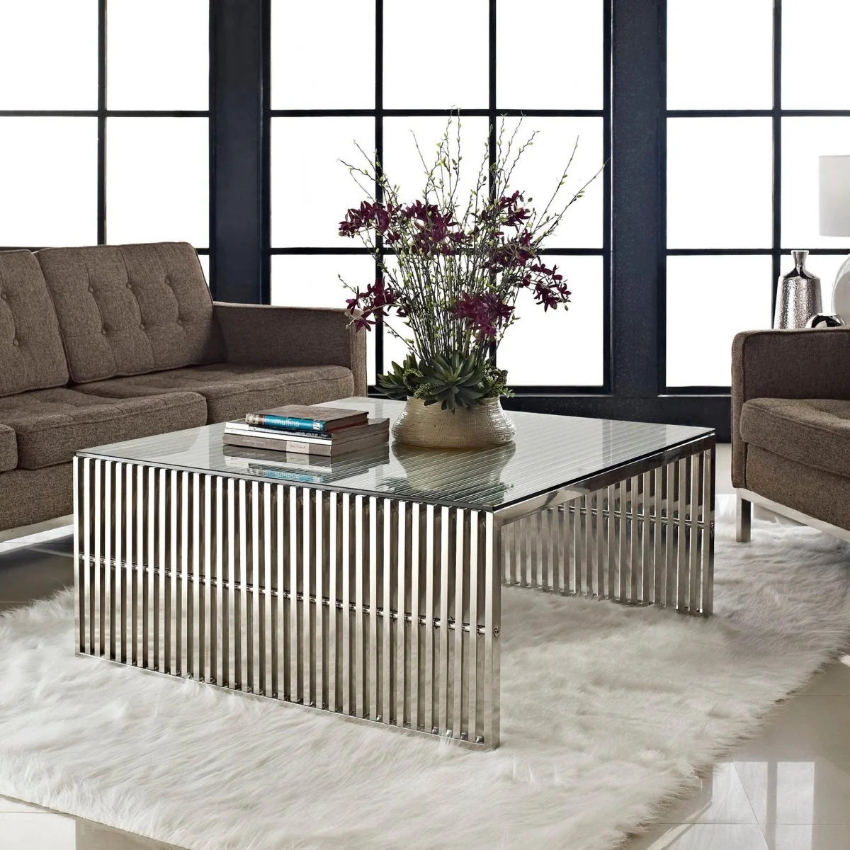 40 Inch Square Tubular Stainless Steel Coffee Table in Silver - Image 4