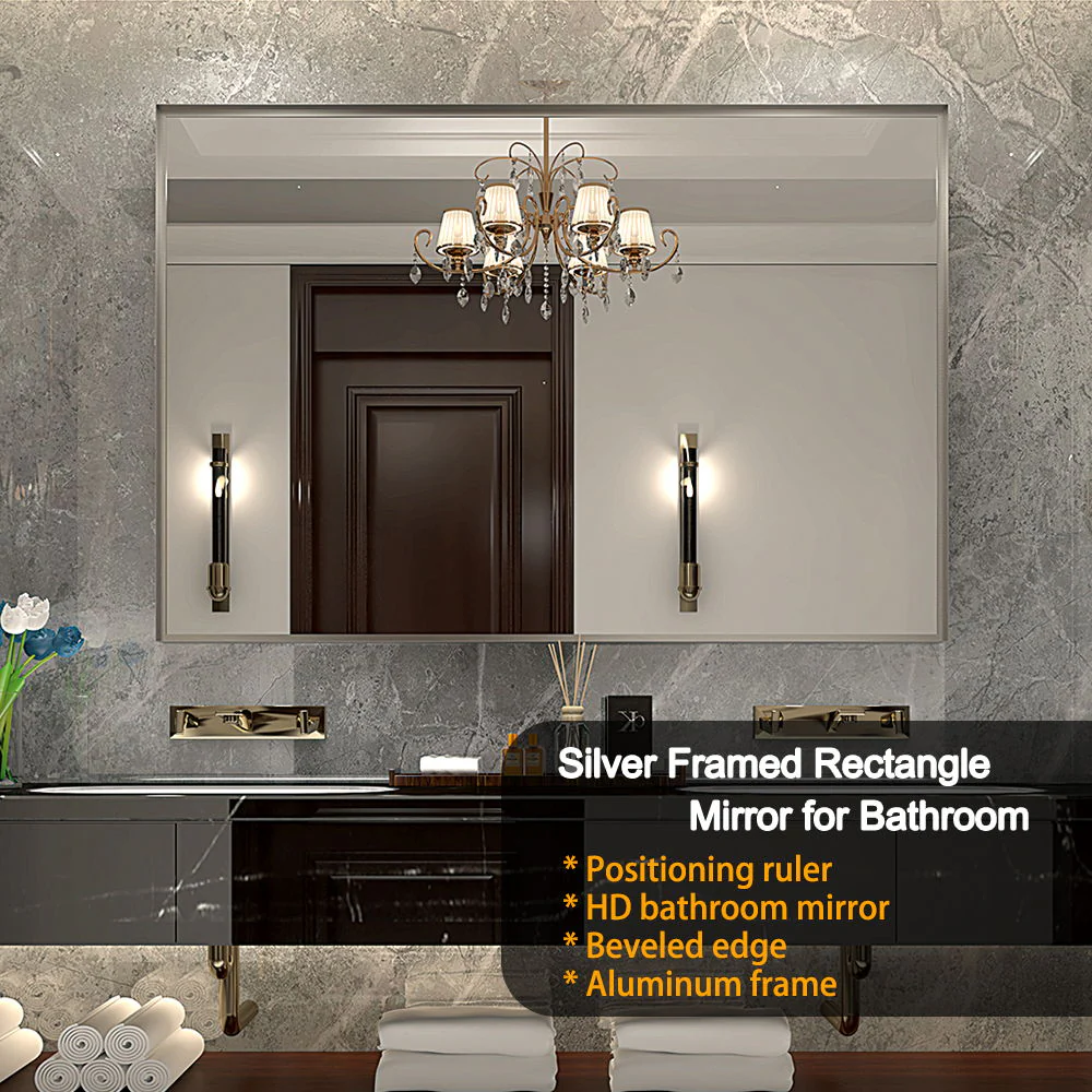 40X30" Silver Rectangular Wall-Mounted Beveled Bathroom Mirror, Square Angle Metal Frame Wall Mounted Bathroom Mirrors For Wall (Horizontal & Vertical) - Silver - Image 6