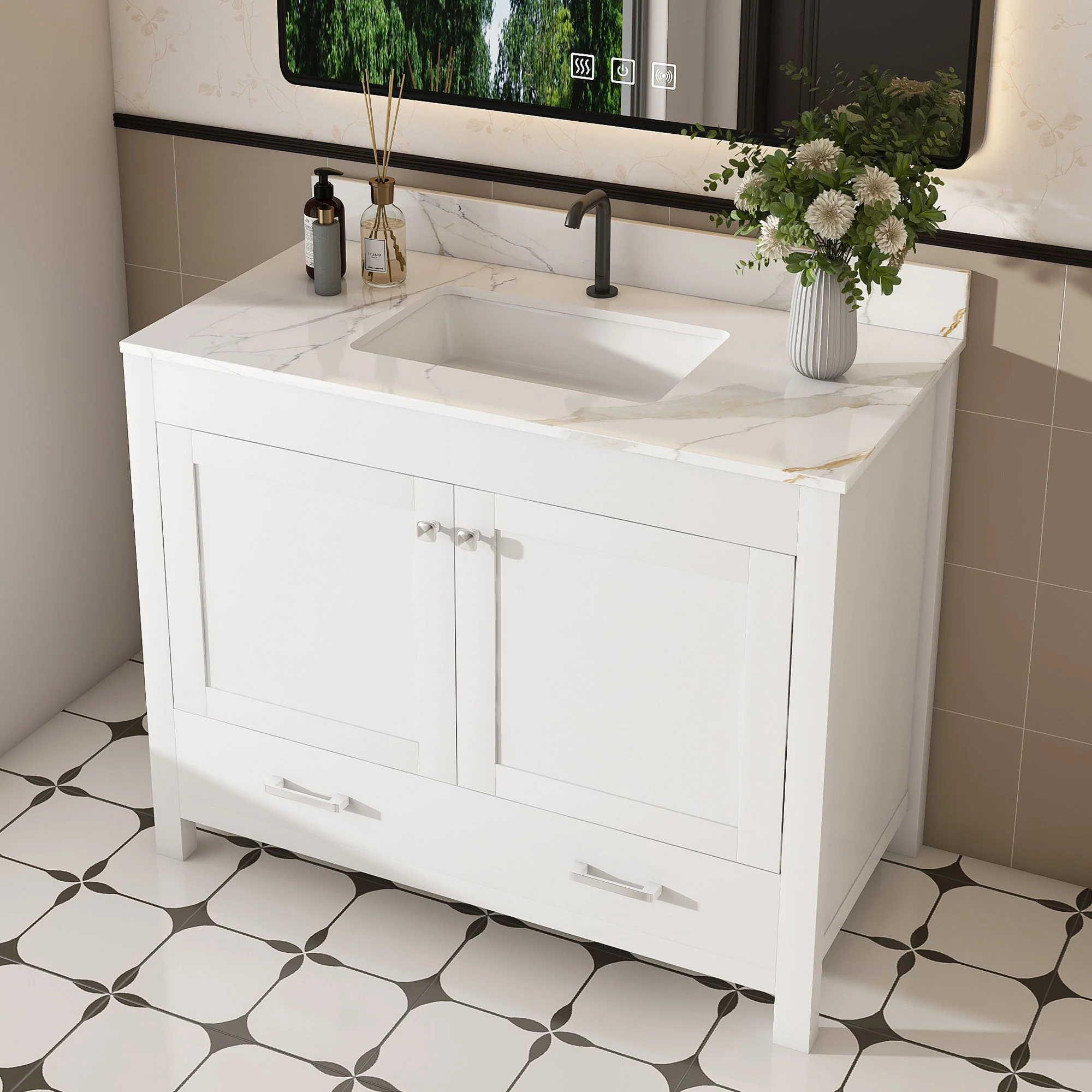 43" Bathroom Vanity, Multi Functional Cabinet, Doors And Drawer - White - Image 9