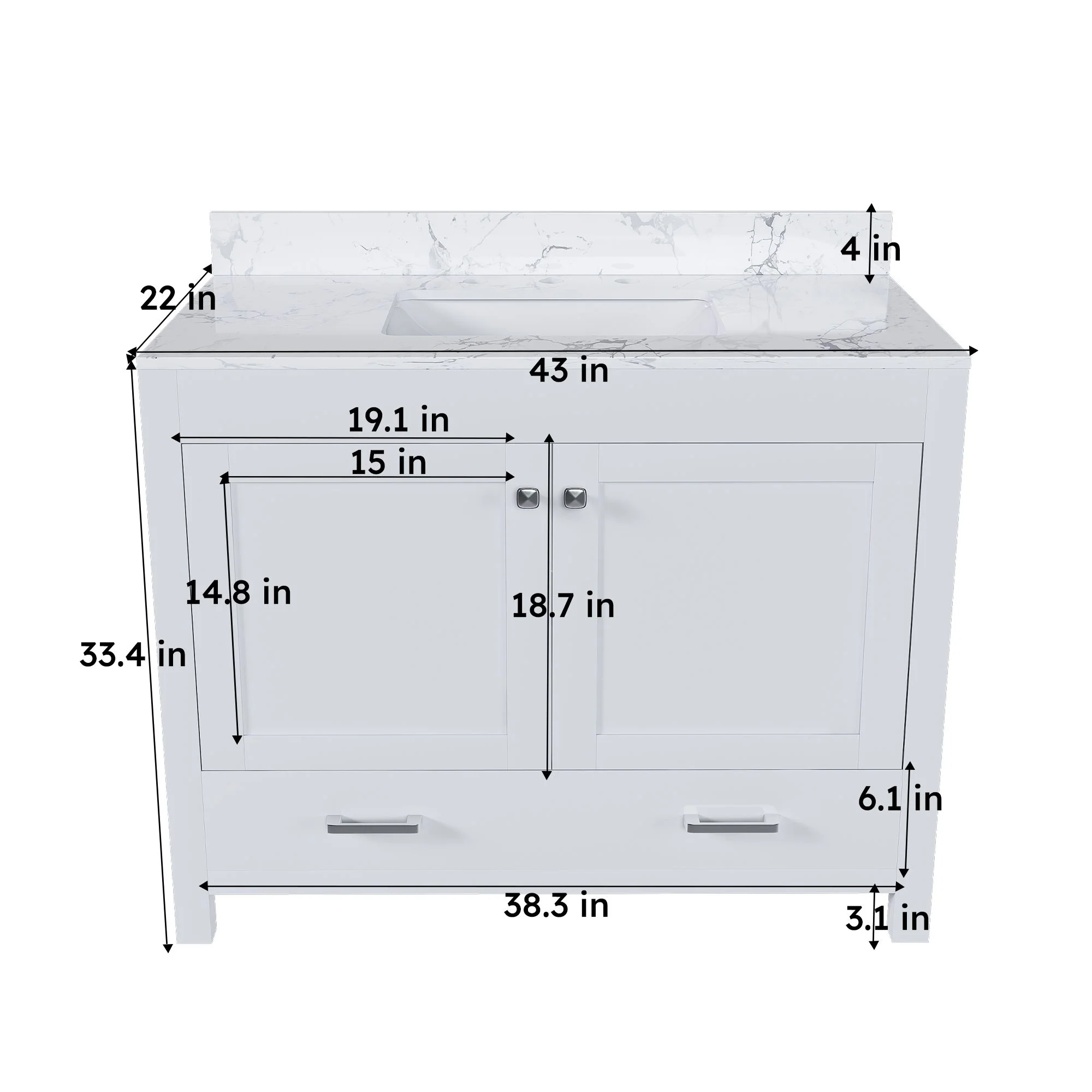 43" Bathroom Vanity With Artificial Marble Carrara Top Set, Multi Functional Bathroom Cabinet With Doors And Drawer - White - Image 3