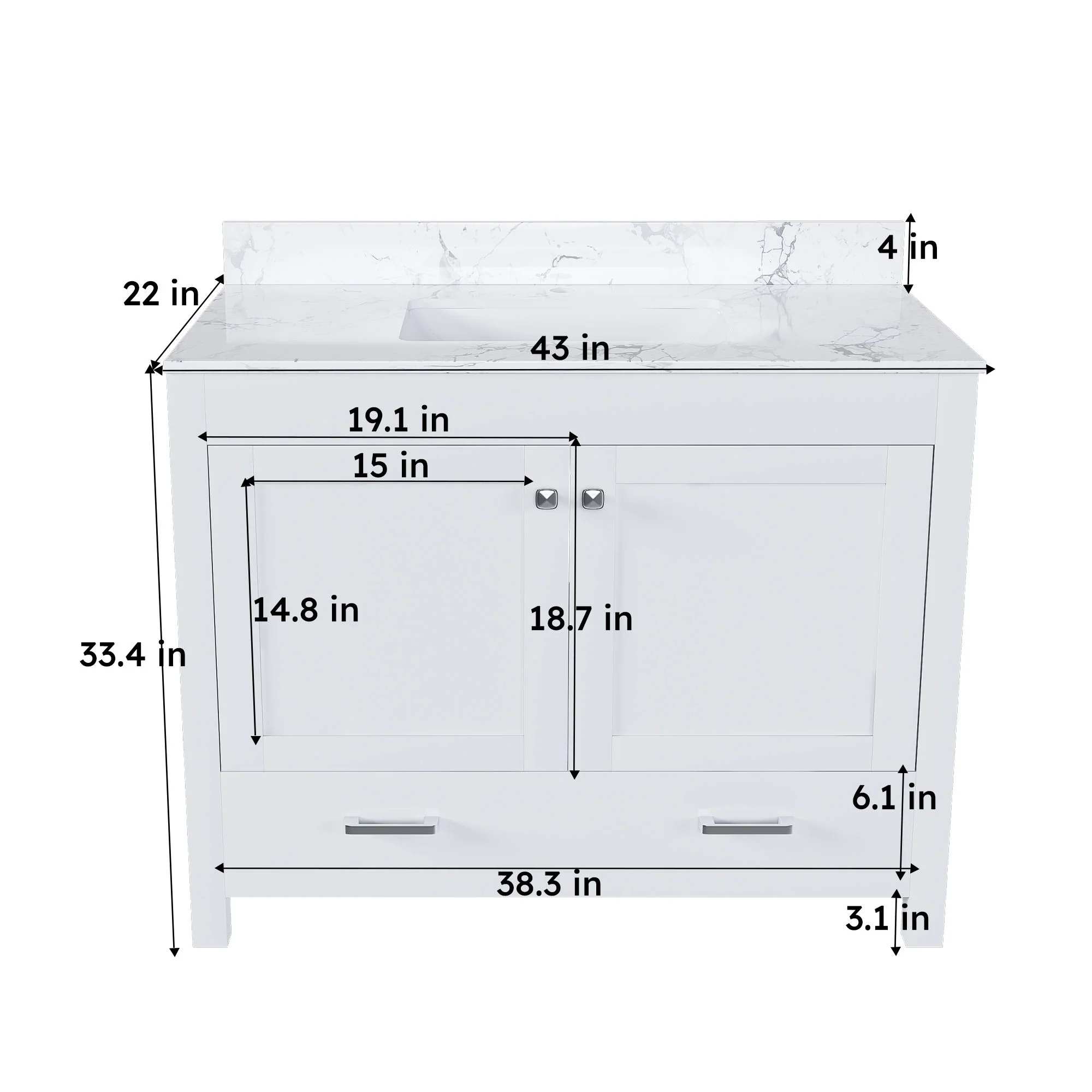 43" Bathroom Vanity With Artificial Marble Carrara Top Set, Multi Functional Cabinet With Doors And Drawer - White - Image 7