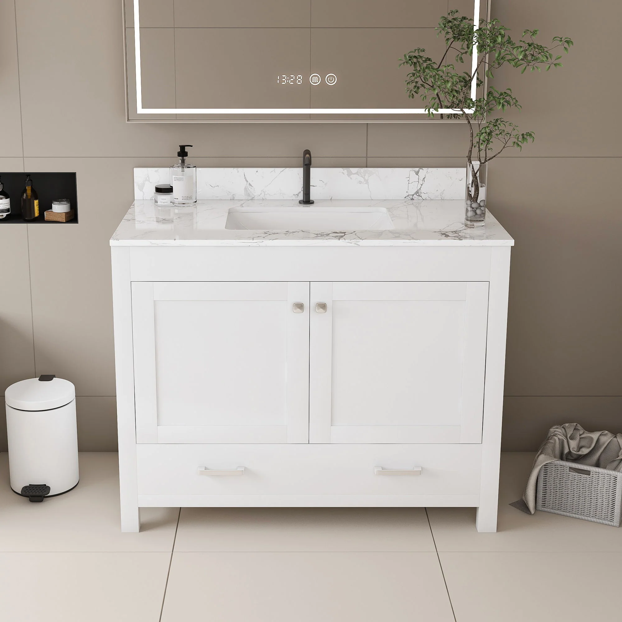 43" Bathroom Vanity With Artificial Marble Carrara Top Set, Multi Functional Cabinet With Doors And Drawer - White - Image 8