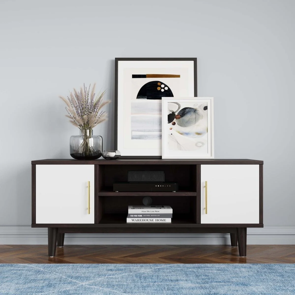 43 Inch Mid-Century Modern Contrasting TV Stand in Cappuccino White - Image 6