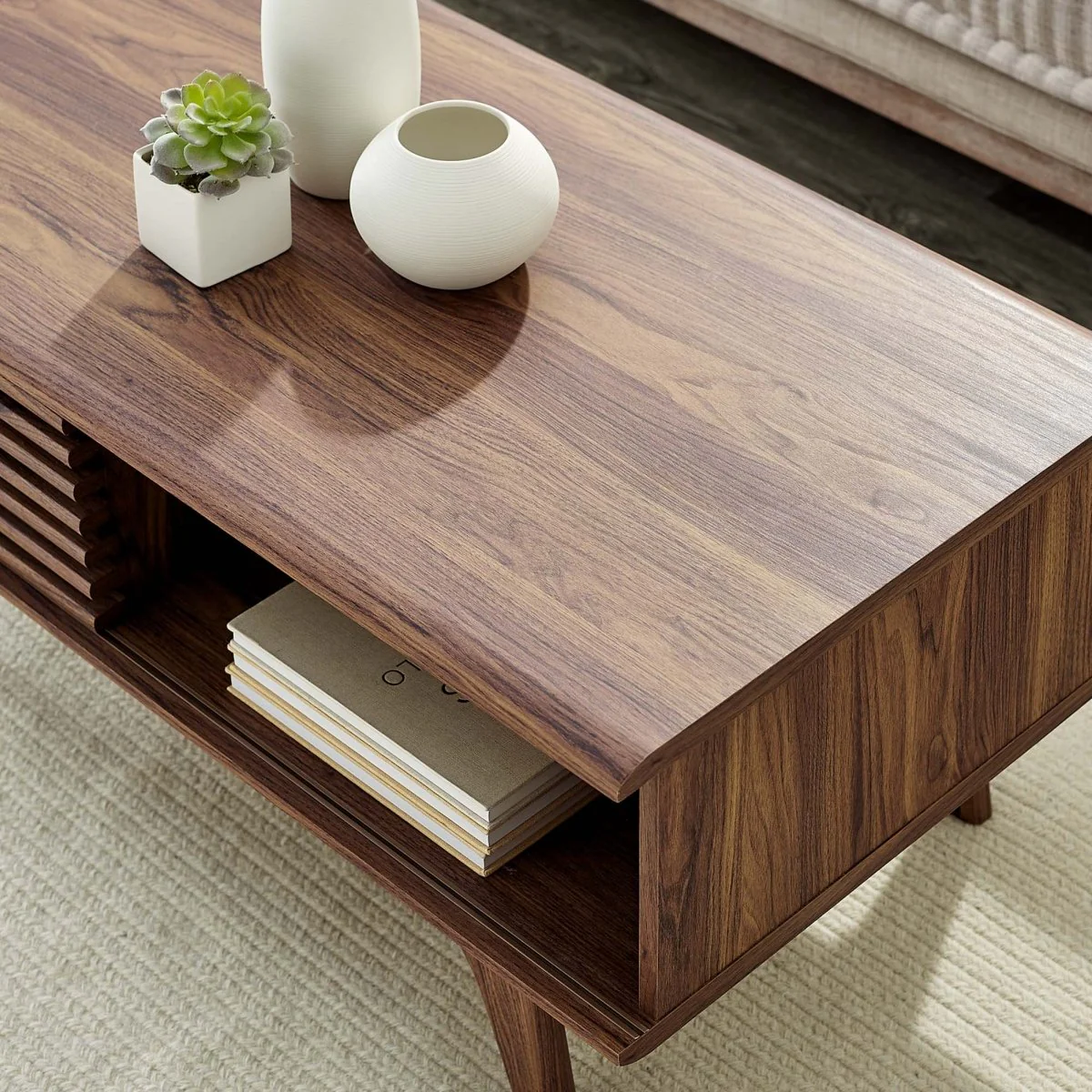 43 Inch Mid-Century Slat-Door Coffee Table in Walnut - Image 3