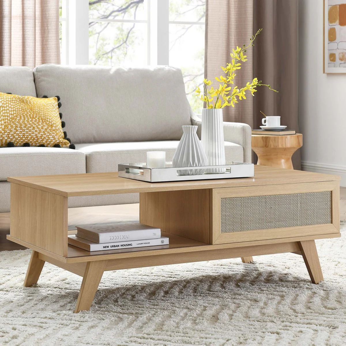 43 Inch Organic Rattan Sliding Door Coffee Table - Image 6