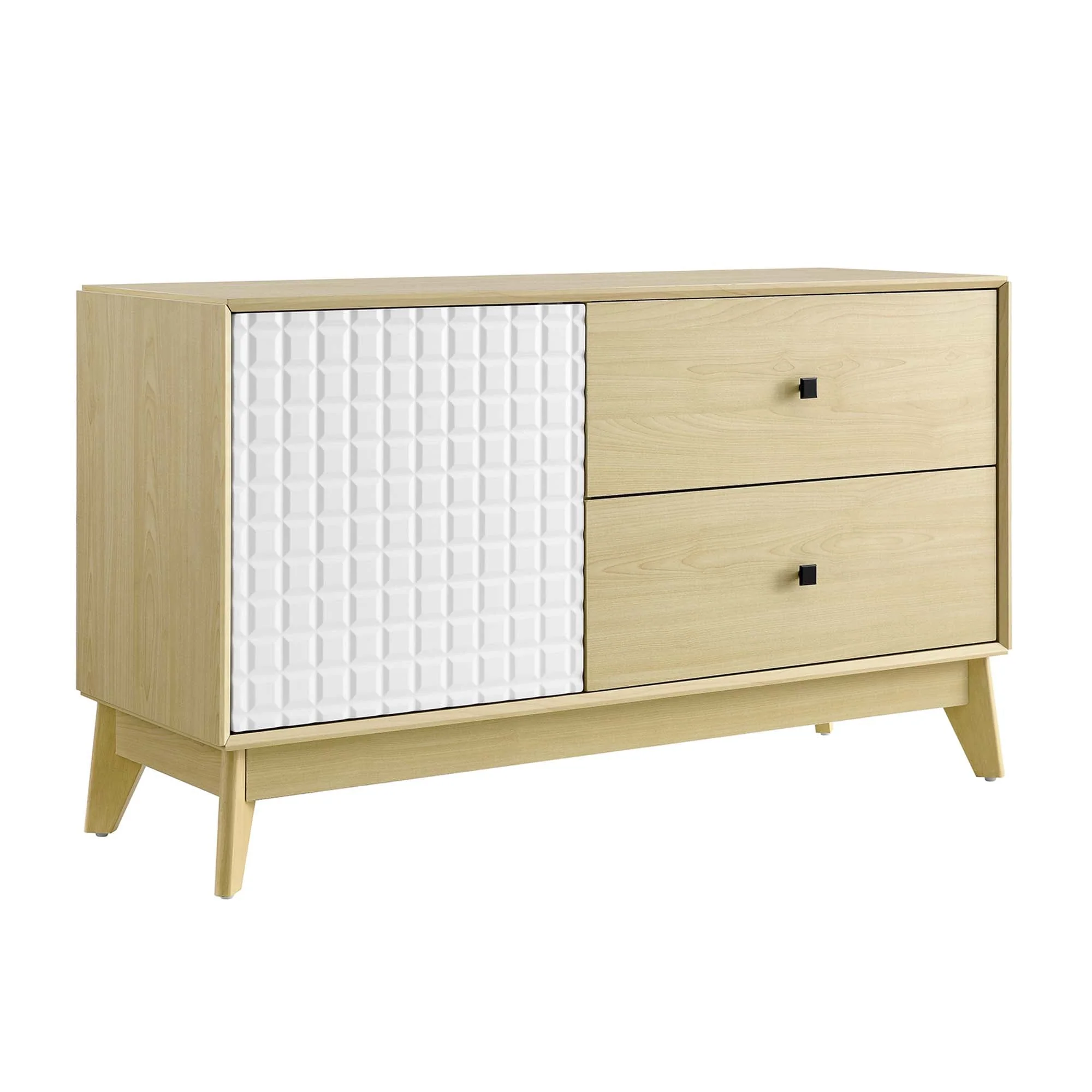 43 Inch Wood Grain Accent Cabinet with Geometric Grid Door and Two Drawers