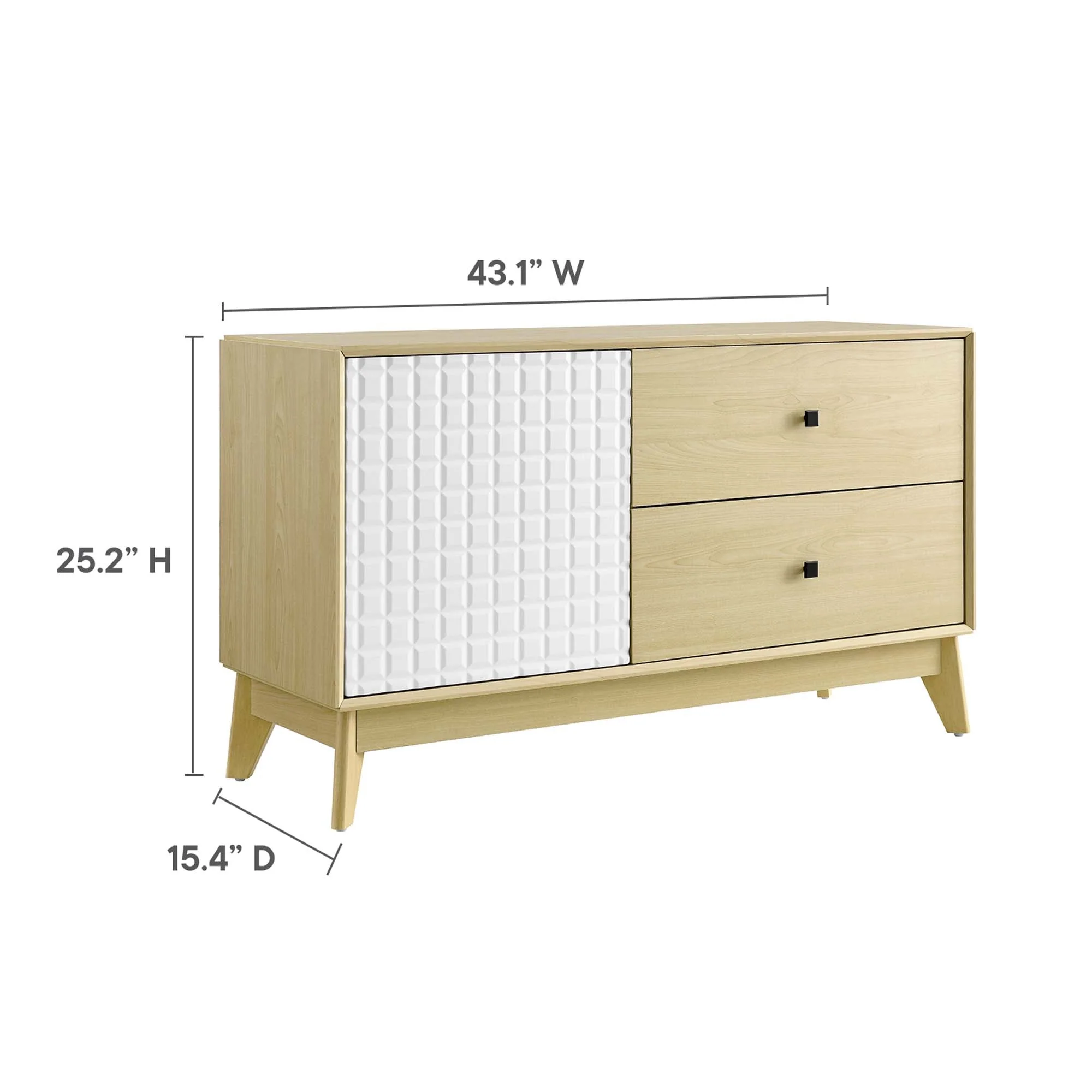 43 Inch Wood Grain Accent Cabinet with Geometric Grid Door and Two Drawers - Image 3