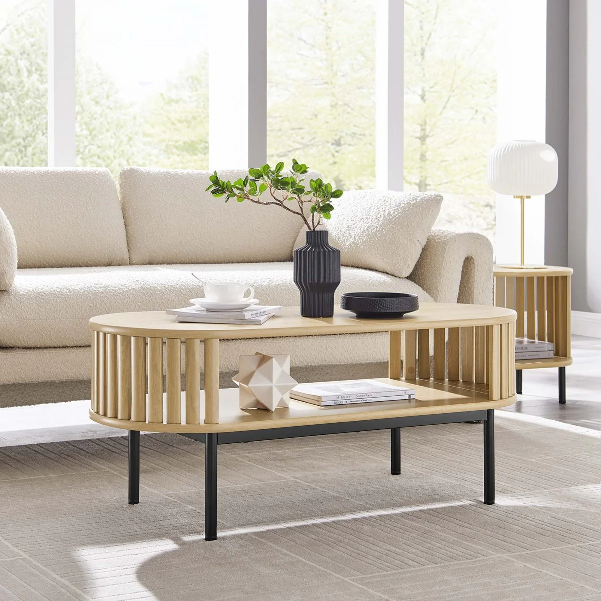 44 Inch Modern Oval Strip-Design Coffee Table - Image 6