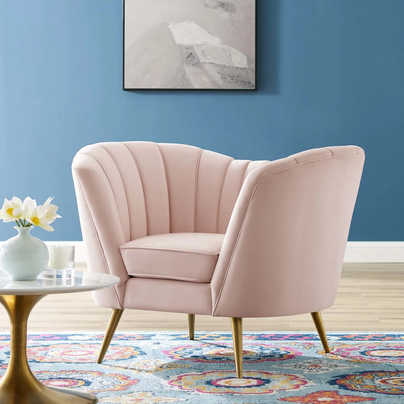 44 Inch Opportunity Performance Velvet Armchair with Vertical Channel Tufting and Gold Legs - Image 14
