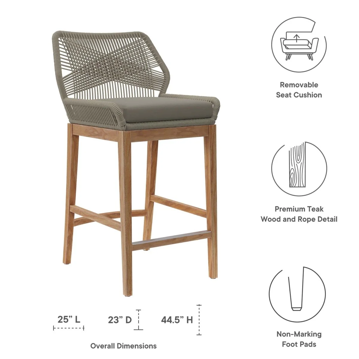 45" Outdoor Patio Teak Wood Bar Stool with Rope Back and Weather-Resistant Finish - Image 3