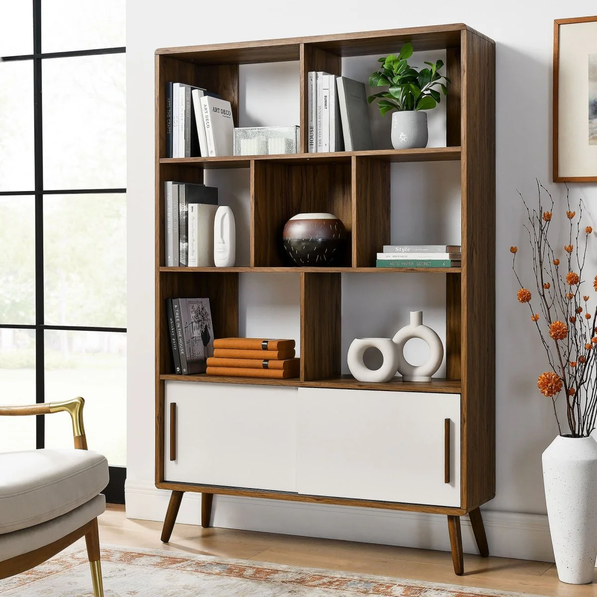 45" Wide Mid-Century Four-Tier Bookcase with Sliding Doors - Image 14