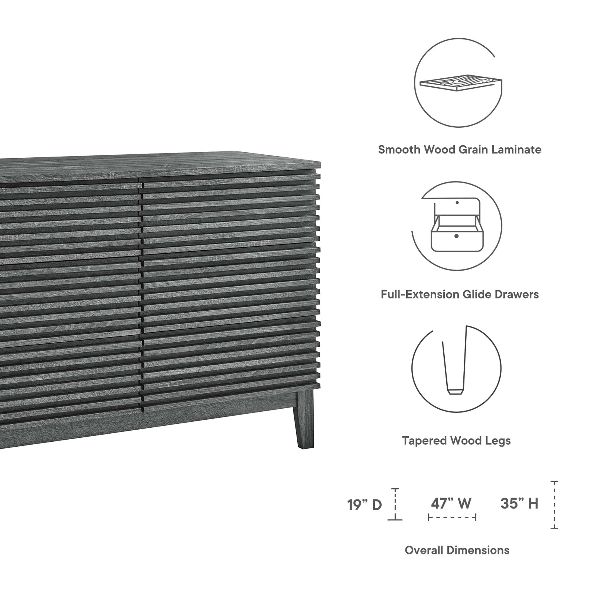 47" Charcoal Mid-Century 6-Drawer Bedroom Dresser - Image 2