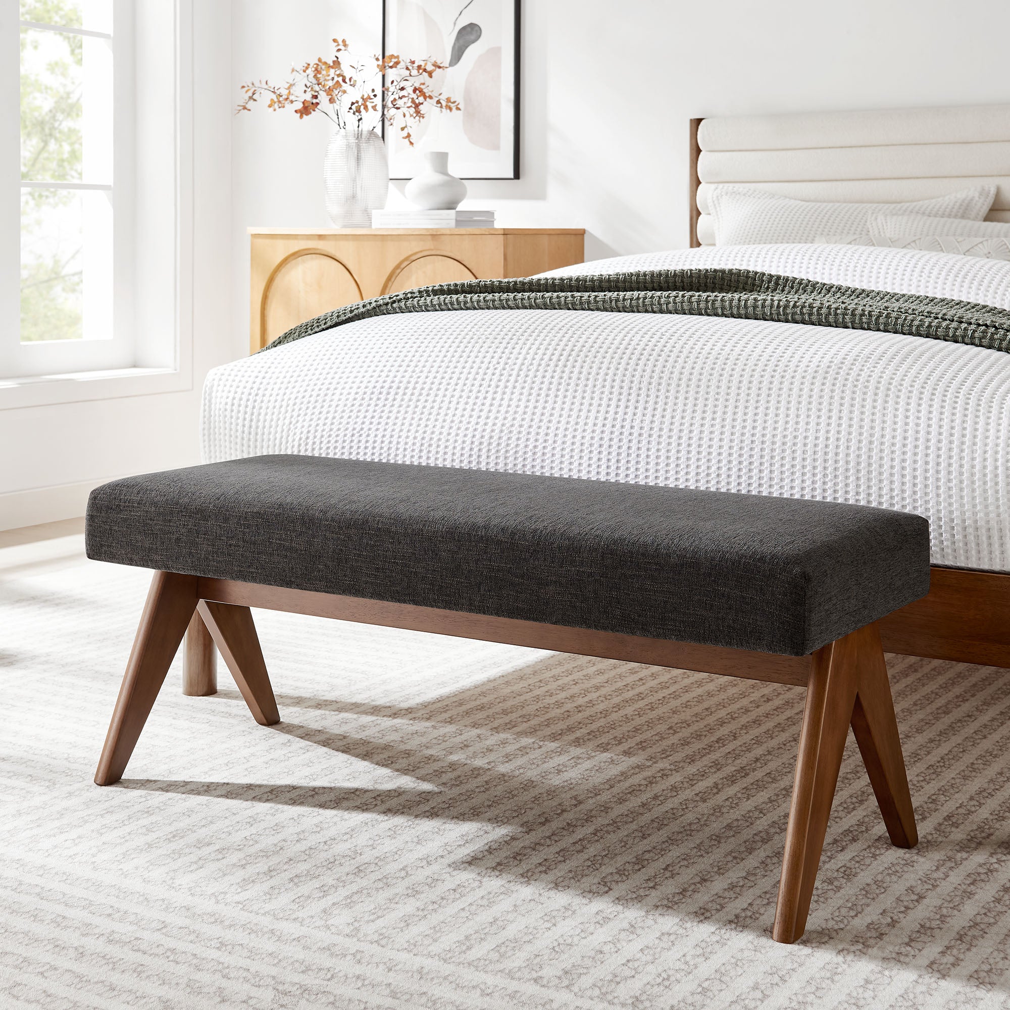 47 Inch Boucle Upholstered Accent Bench with Splayed Rubberwood Legs - Image 14