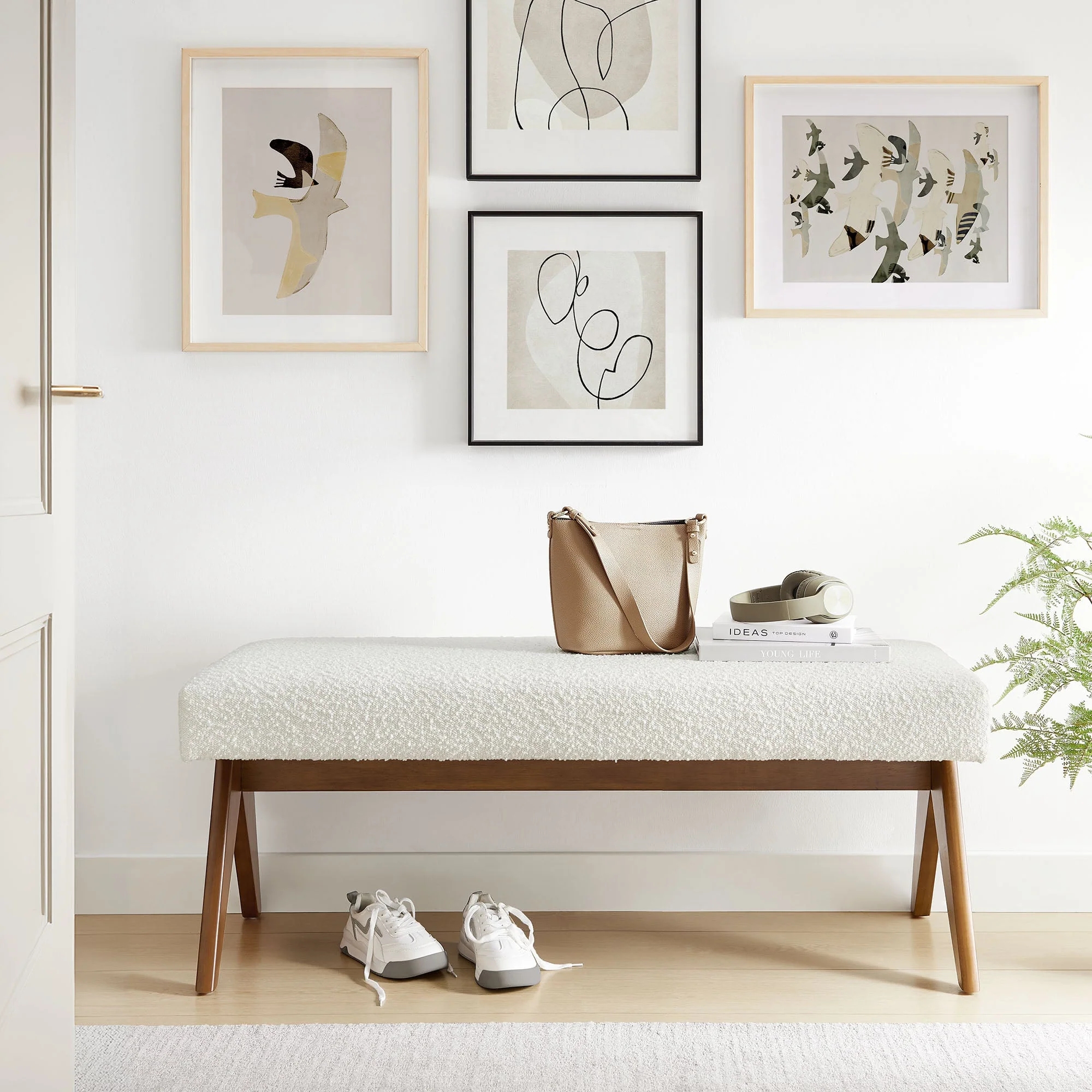 47 Inch Boucle Upholstered Accent Bench with Splayed Rubberwood Legs - Image 4
