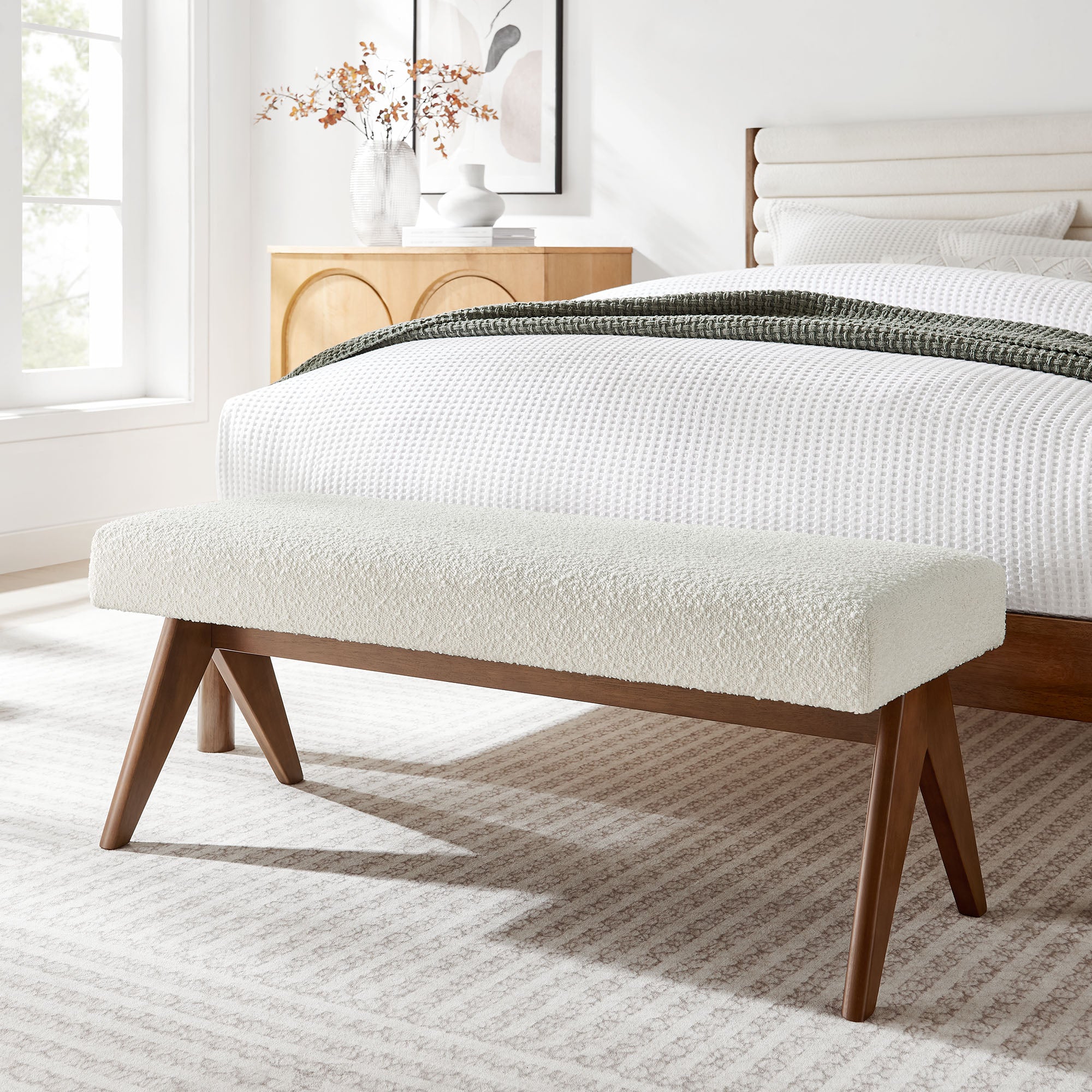 47 Inch Boucle Upholstered Accent Bench with Splayed Rubberwood Legs - Image 7