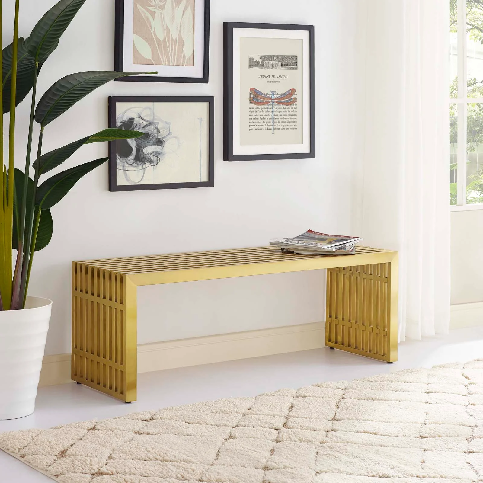 47 Inch Gold Stainless Steel Tubular Bench with Linear Conduit Design - Image 6
