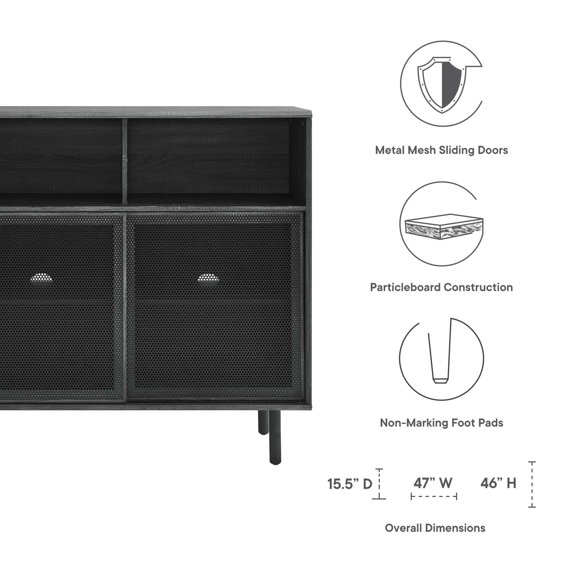 47 Inch Industrial Modern Display Cabinet with Sliding Metal Mesh Doors - Image 2