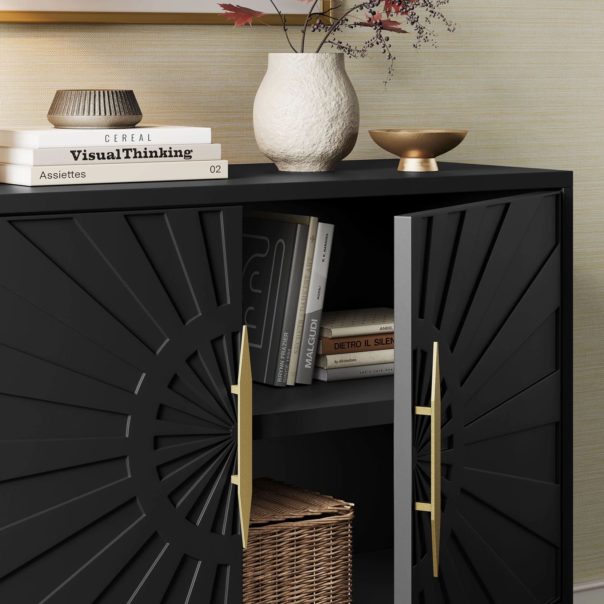 47 Inch Sunburst Design Wood Veneer Accent Cabinet with Gold Metal Base - Image 4