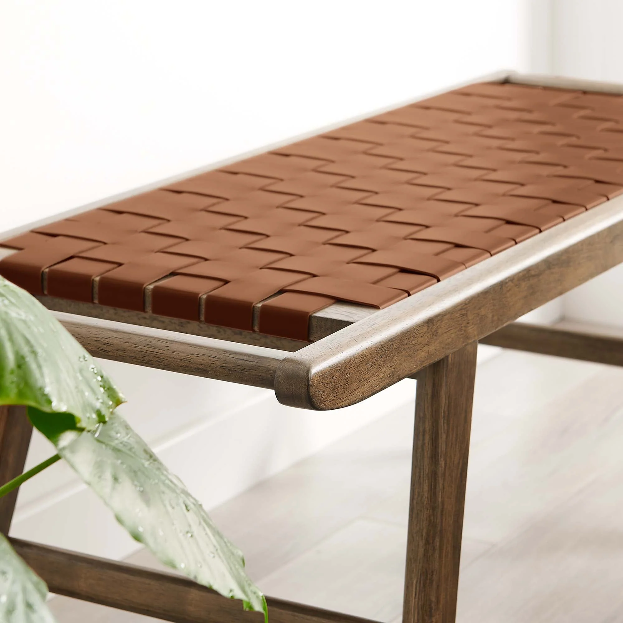 47 Inch Woven Faux Leather and Solid Wood Bench with Basket Weave Design - Image 11