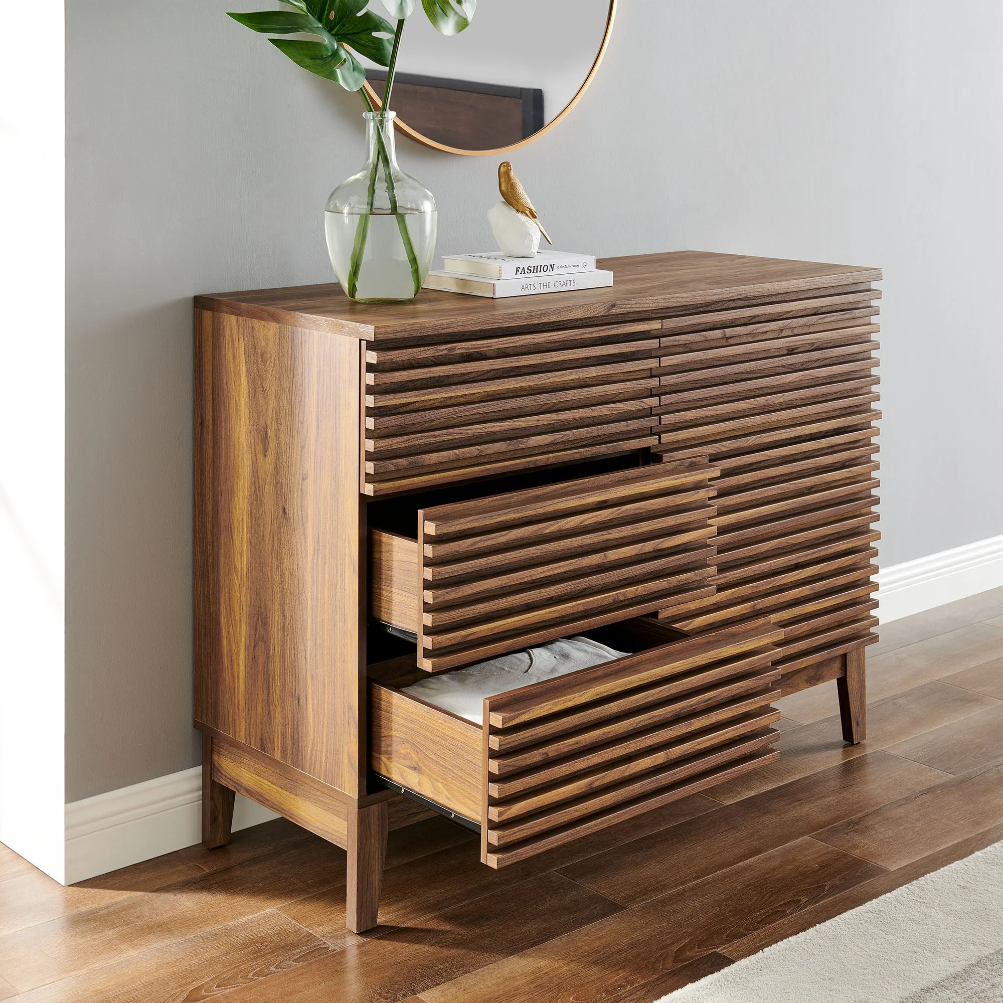 47" Walnut Slatted 6-Drawer Mid-Century Dresser - Image 4