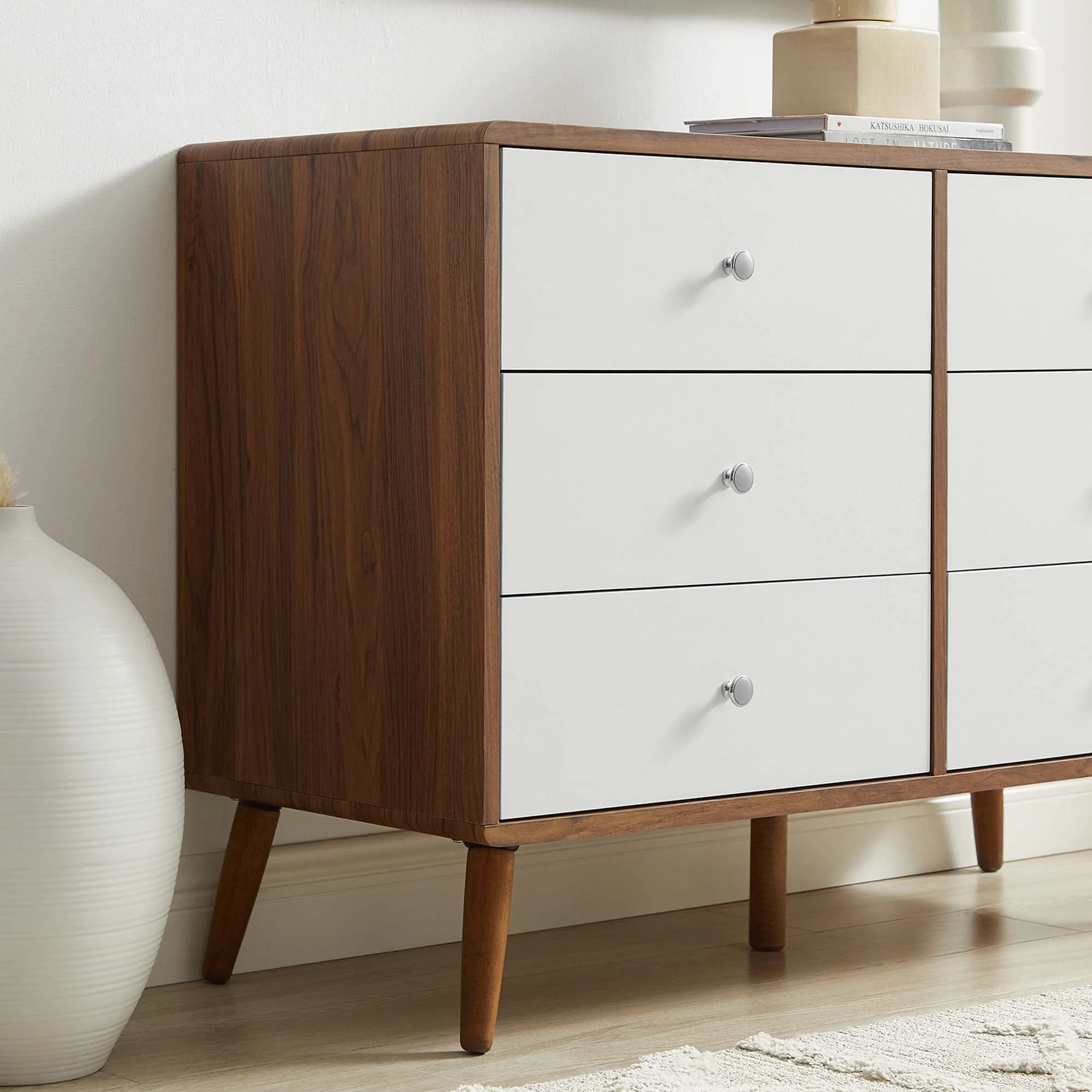 47" Walnut White Mid-Century 6-Drawer Bedroom Dresser - Image 3