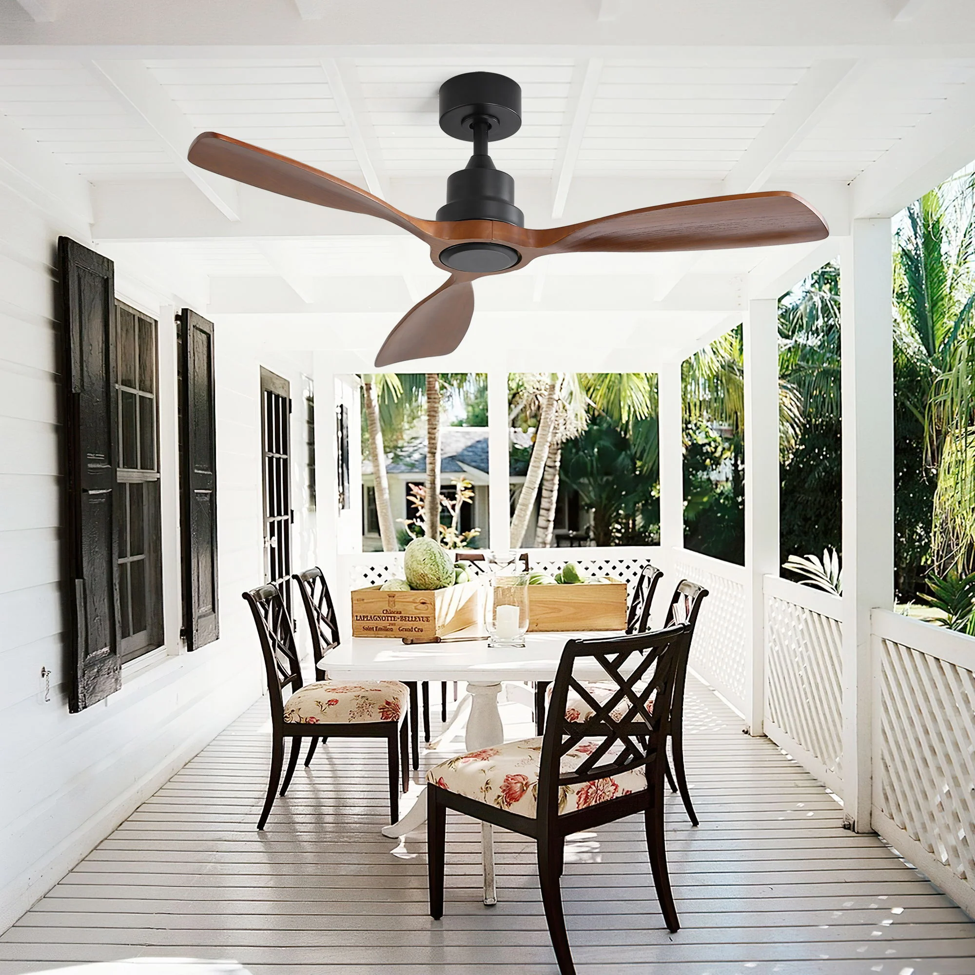 48" Ceiling Fan Without Light, 3 Solid Wood Blades Outdoor Ceiling Fan 6 - Speed Reversible DC Motor For Living Room - Black - Image 5