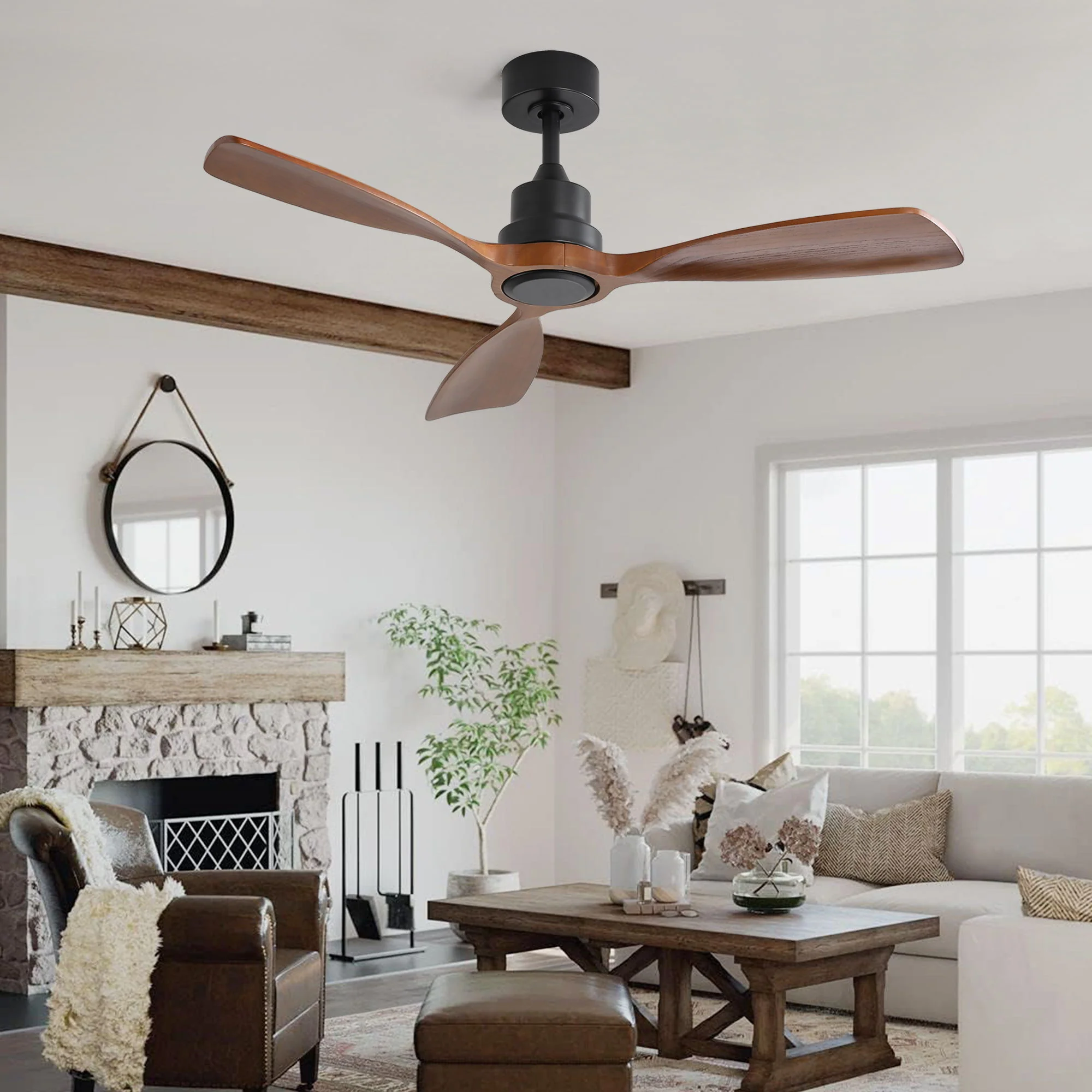48" Ceiling Fan Without Light, 3 Solid Wood Blades Outdoor Ceiling Fan 6 - Speed Reversible DC Motor For Living Room - Black - Image 8