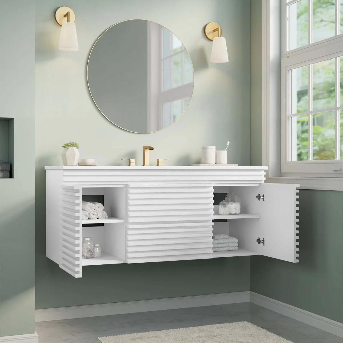 48" Wall-Mount Double Sink Bathroom Vanity — Modern Floating Design with Cabinet Storage - Image 173