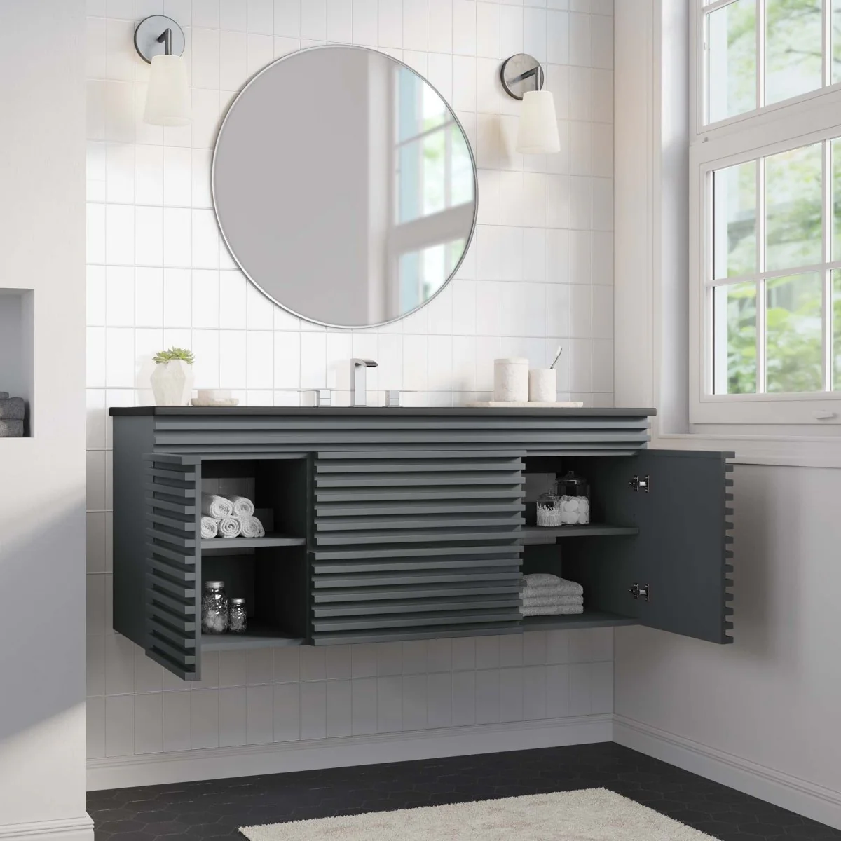 48" Wall-Mount Double Sink Bathroom Vanity — Modern Floating Design with Cabinet Storage - Image 83