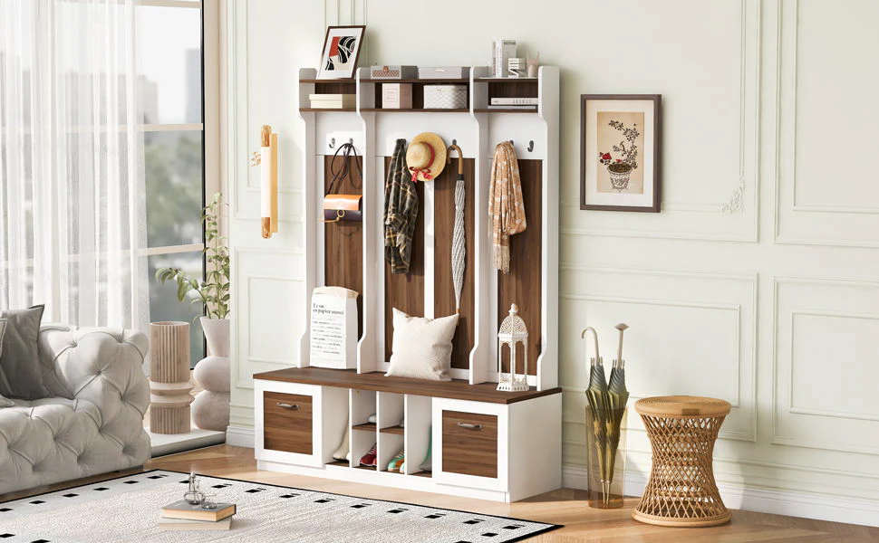 5 In 1 Entryway Bench With Coat Rack, 7 Sturdy Hooks, 2 Spacious Drawers And Adjustable Shelves - Image 19