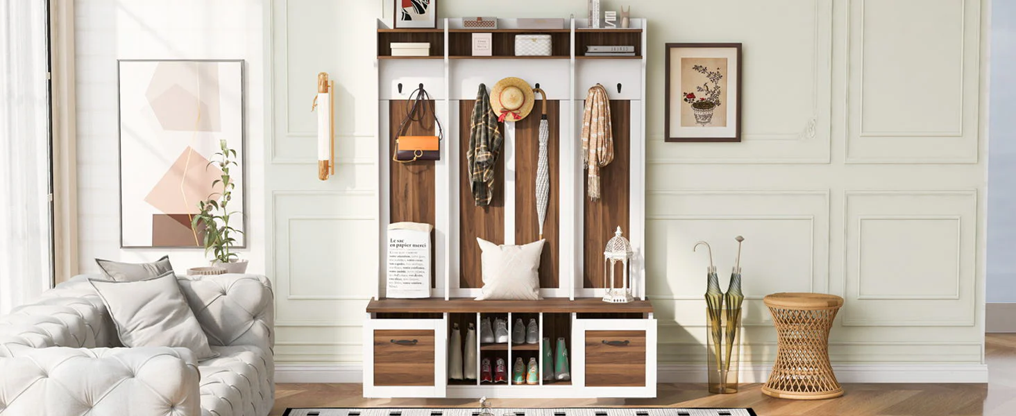 5 In 1 Entryway Bench With Coat Rack, 7 Sturdy Hooks, 2 Spacious Drawers And Adjustable Shelves - Image 21