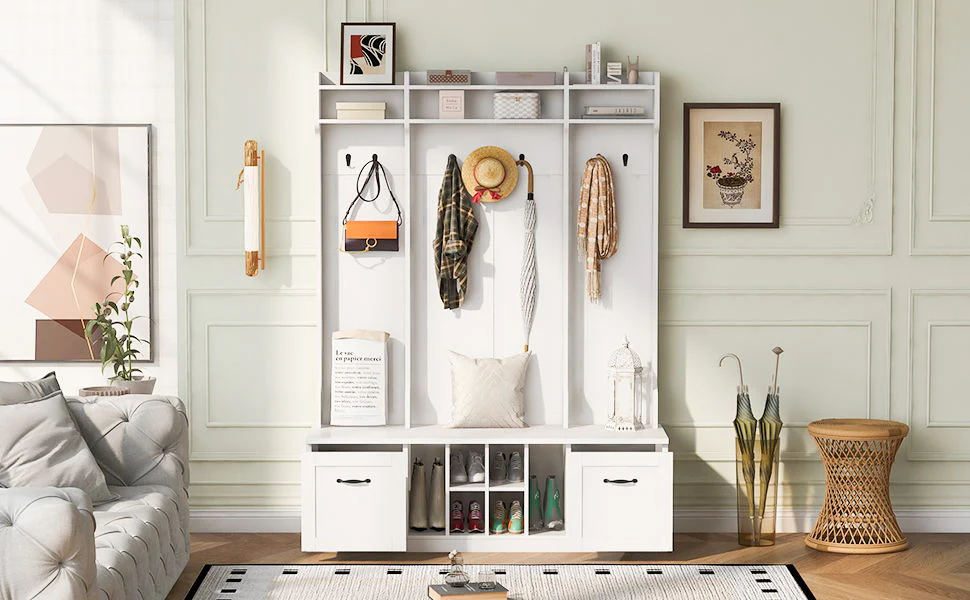 5 In 1 Entryway Bench With Coat Rack, 7 Sturdy Hooks, 2 Spacious Drawers And Adjustable Shelves - Image 25