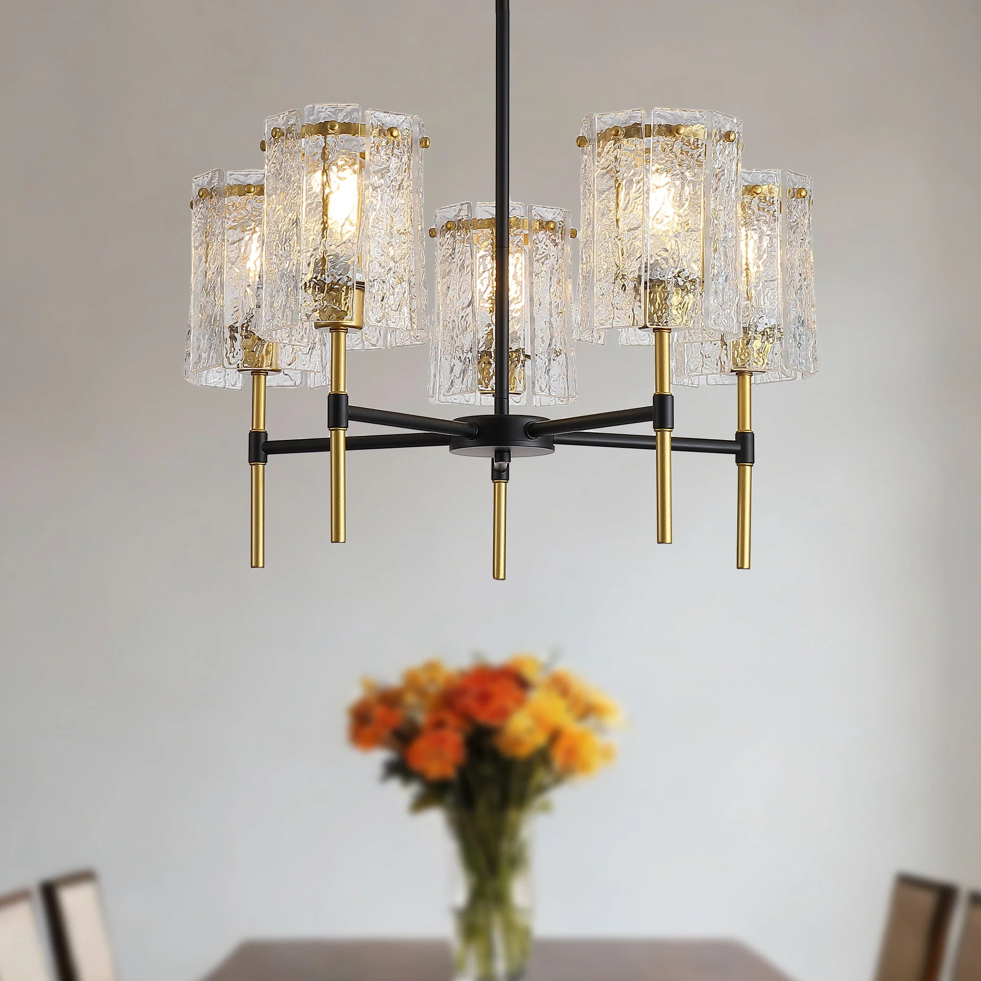 5 Light Chandelier, Textured Glass Pendant Light, (Not Including The Bulb) For Living Room - Black / Gold - Image 2