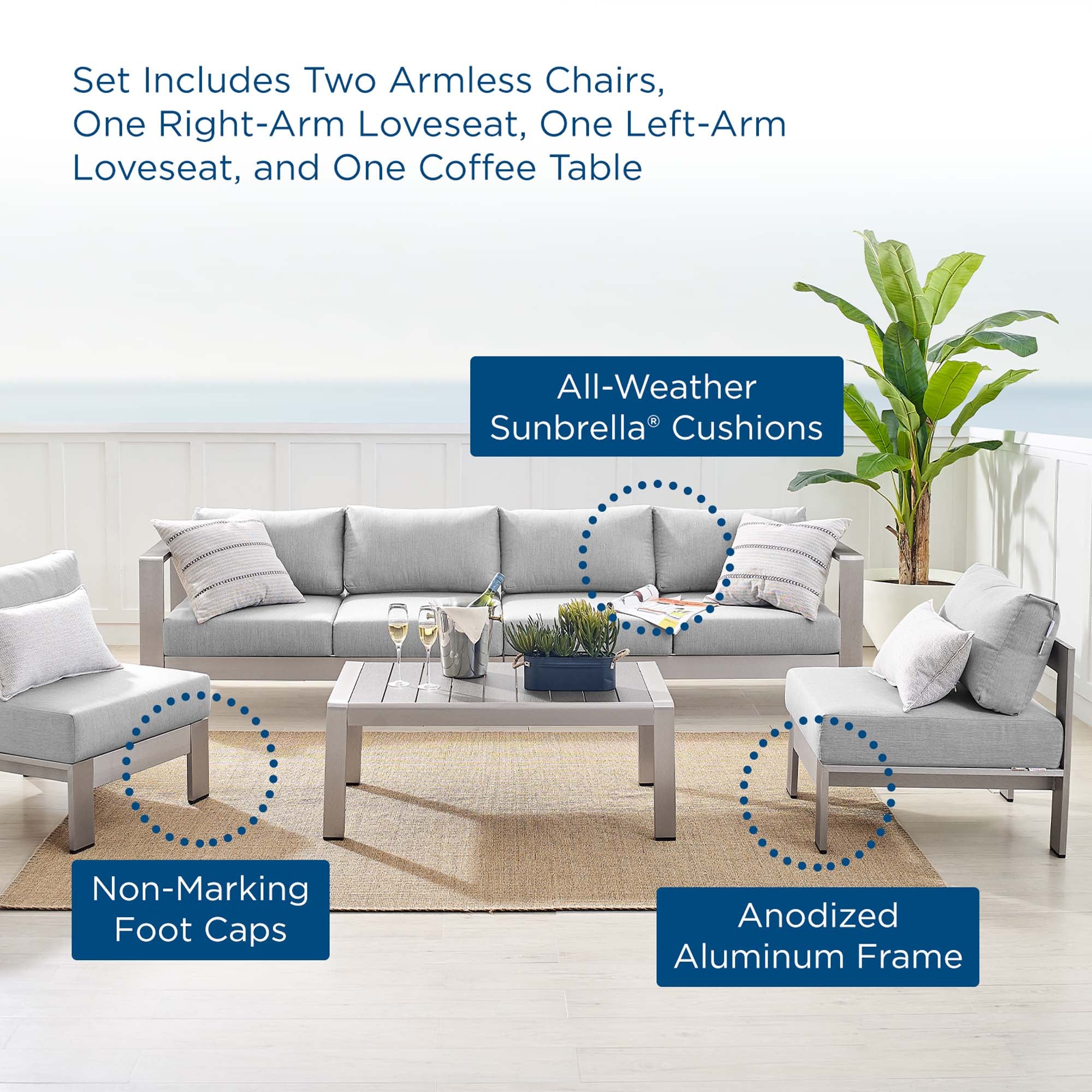 5-Piece Aluminum Outdoor Sectional Sofa Set with Sunbrella Fabric, Weather-Resistant - Image 19