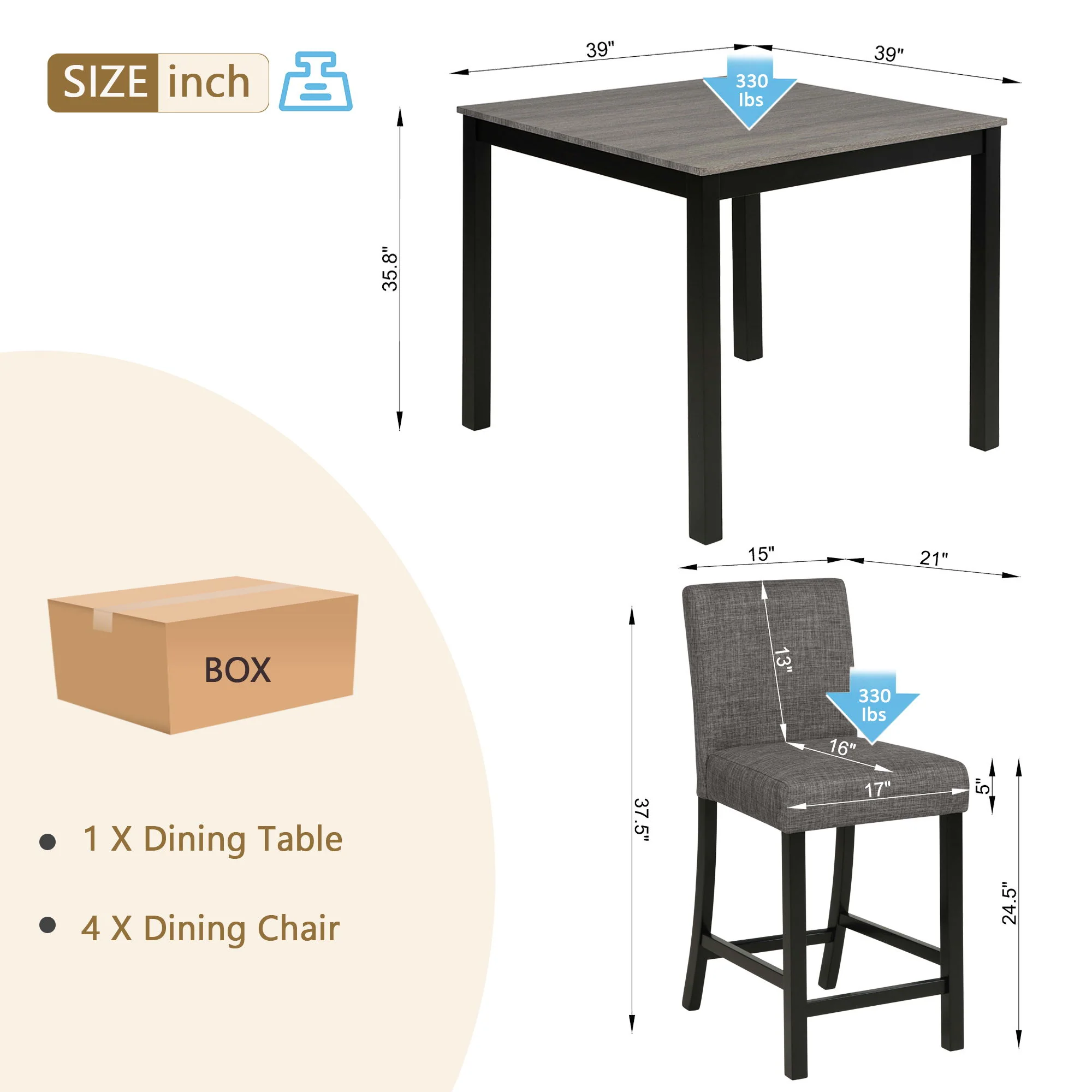 5 Piece Counter Height Table Set, Square Table And 4 Upholstered Chairs - Image 7