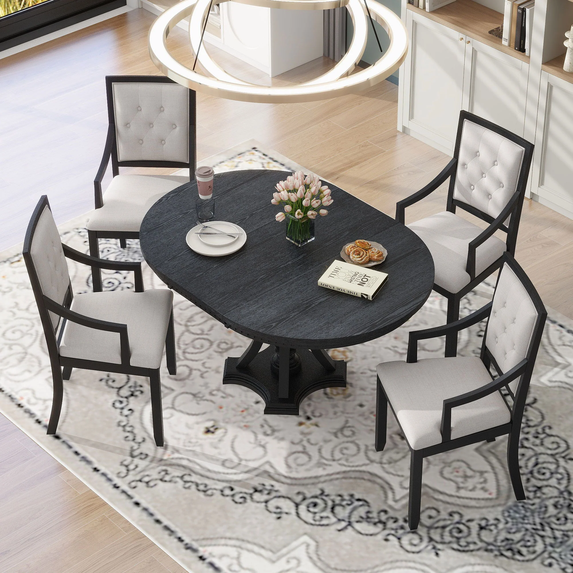 5 Piece Dining Set Extendable Round Table And 4 Chairs - Black / Oak - Image 5