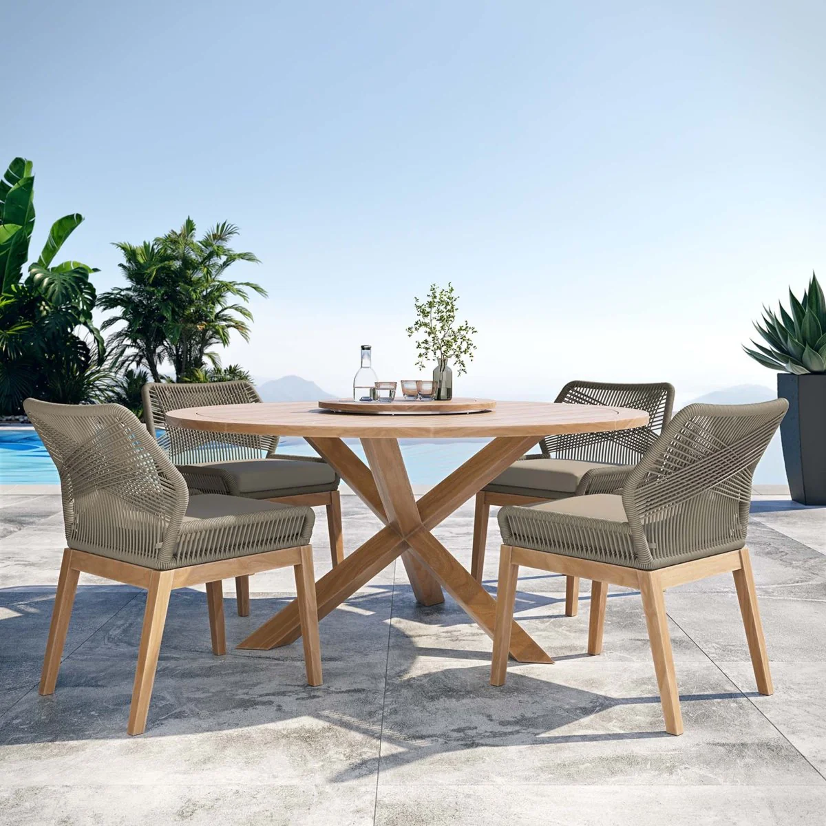 5 Piece Outdoor Patio Teak Dining Set – Rope Chairs with Round Teak Dining Table - Image 12