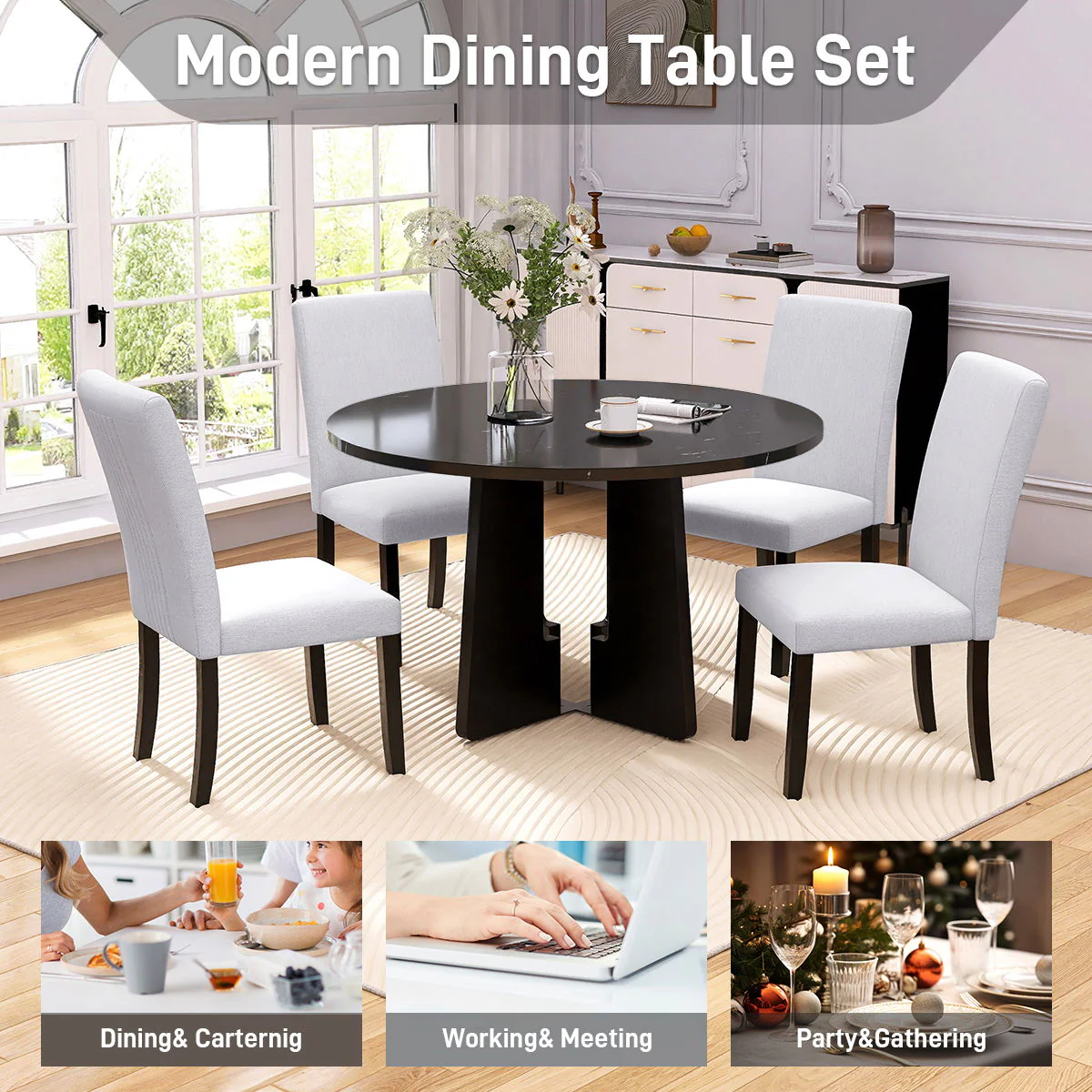 5 Piece Round Dining Table Set, Modern Dining Table And 4 Upholstered Chairs For Dining Room - Image 17
