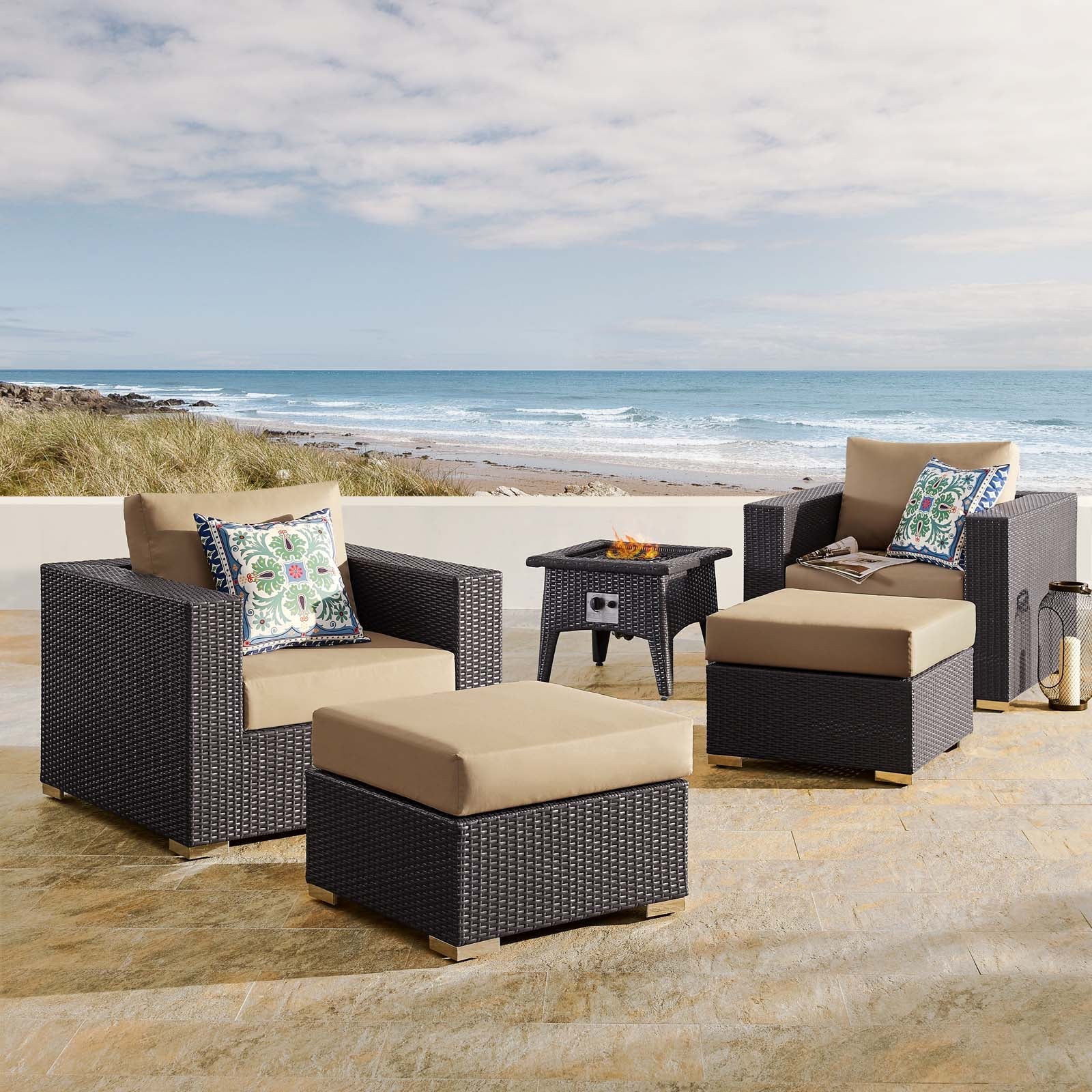 5-Piece Wicker Outdoor Patio Set with Fire Pit and Cushioned Seating Ensemble - Image 10