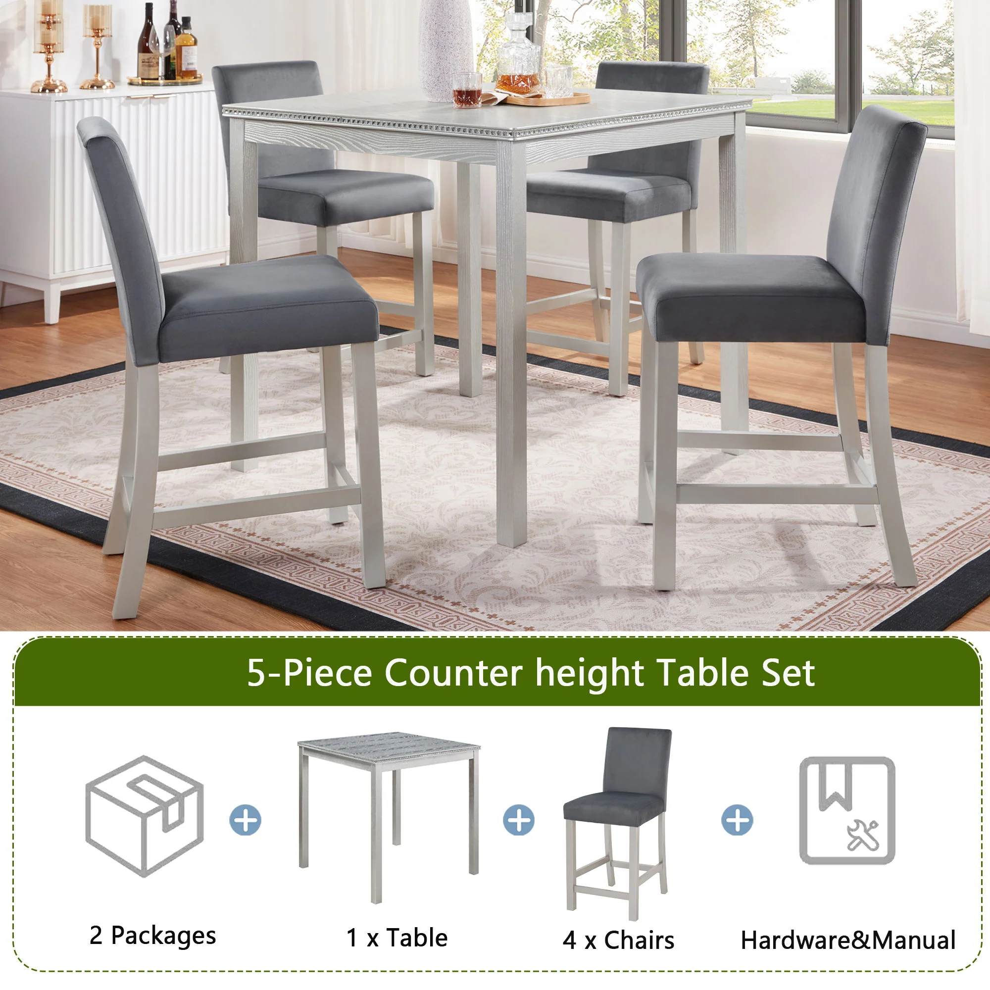 5 Pieces Counter Height Table Set, Kitchen Table With Square Table And 4 Upholstered Chairs - Image 17