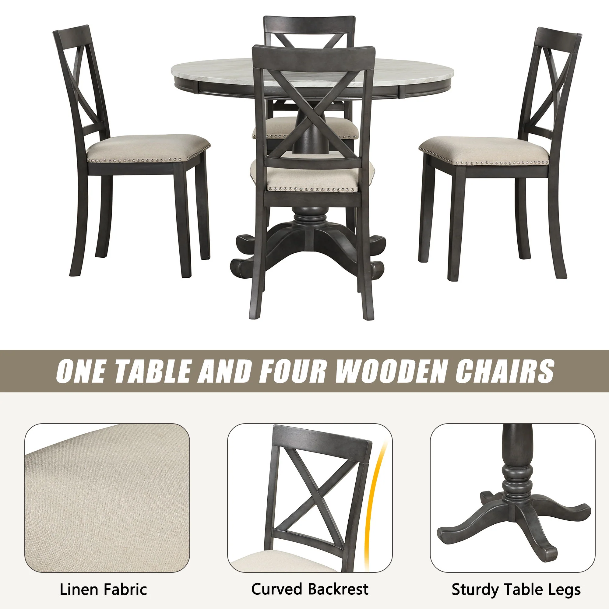 5 Pieces Dining Table And Chairs Set For 4 Persons, Kitchen Room Solid Wood Table With 4 Chairs - Image 13