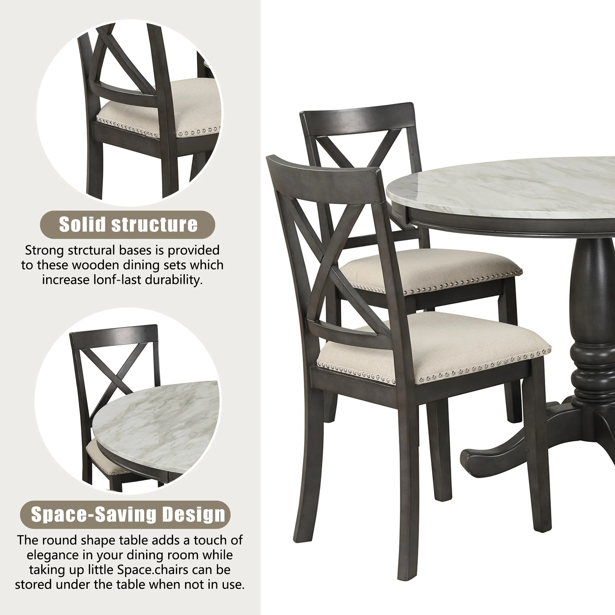 5 Pieces Dining Table And Chairs Set For 4 Persons, Kitchen Room Solid Wood Table With 4 Chairs - Image 17