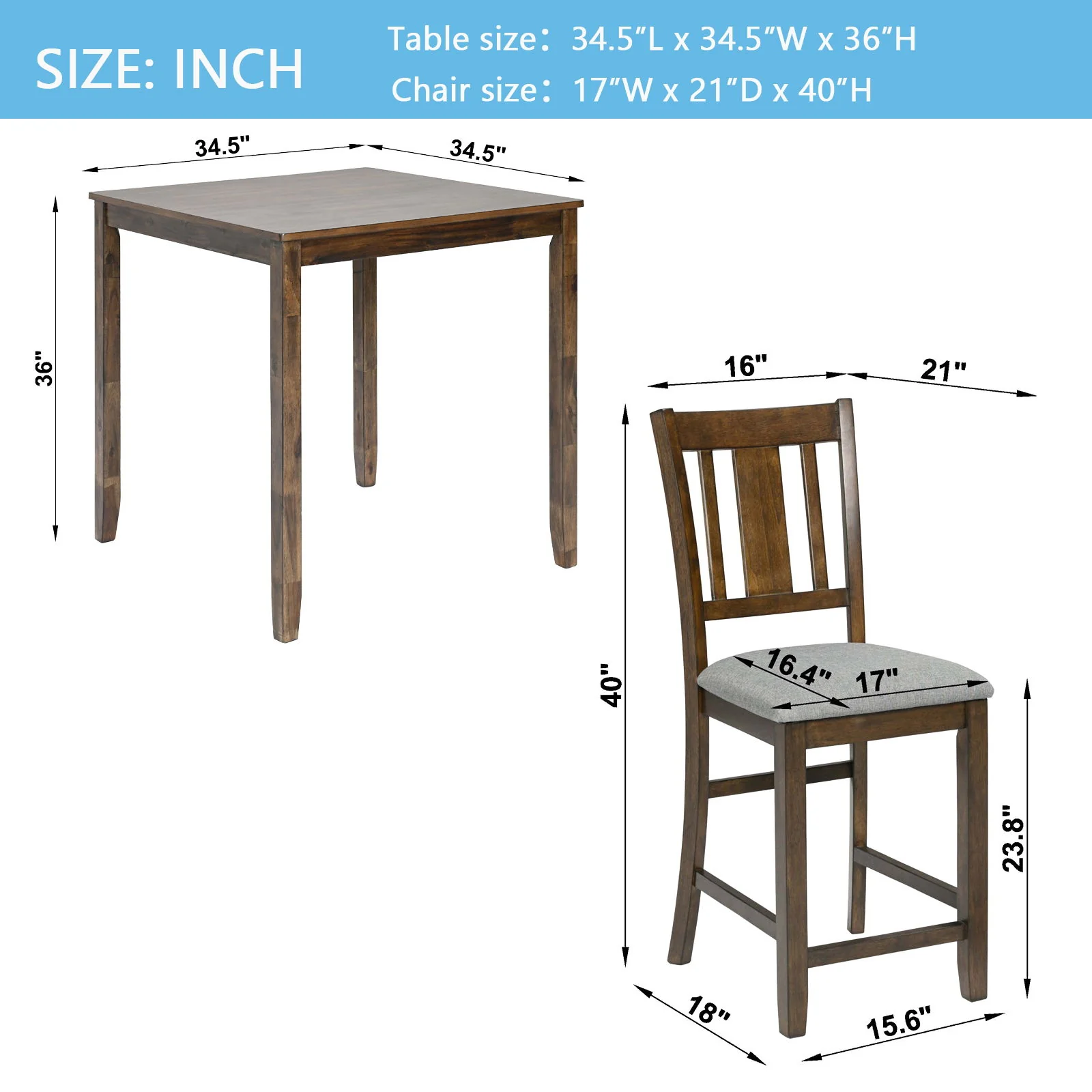 5 Pieces Dining Table Set, Counter Height Kitchen Table Set With Square Table And 4 Upholstered Chairs - Image 4