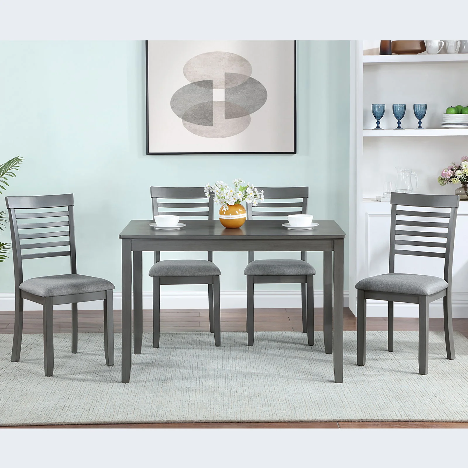 5 Pieces Modern Dining Set, Rectangular Wooden Dining Table With 4 Upholstered Chairs - Image 14