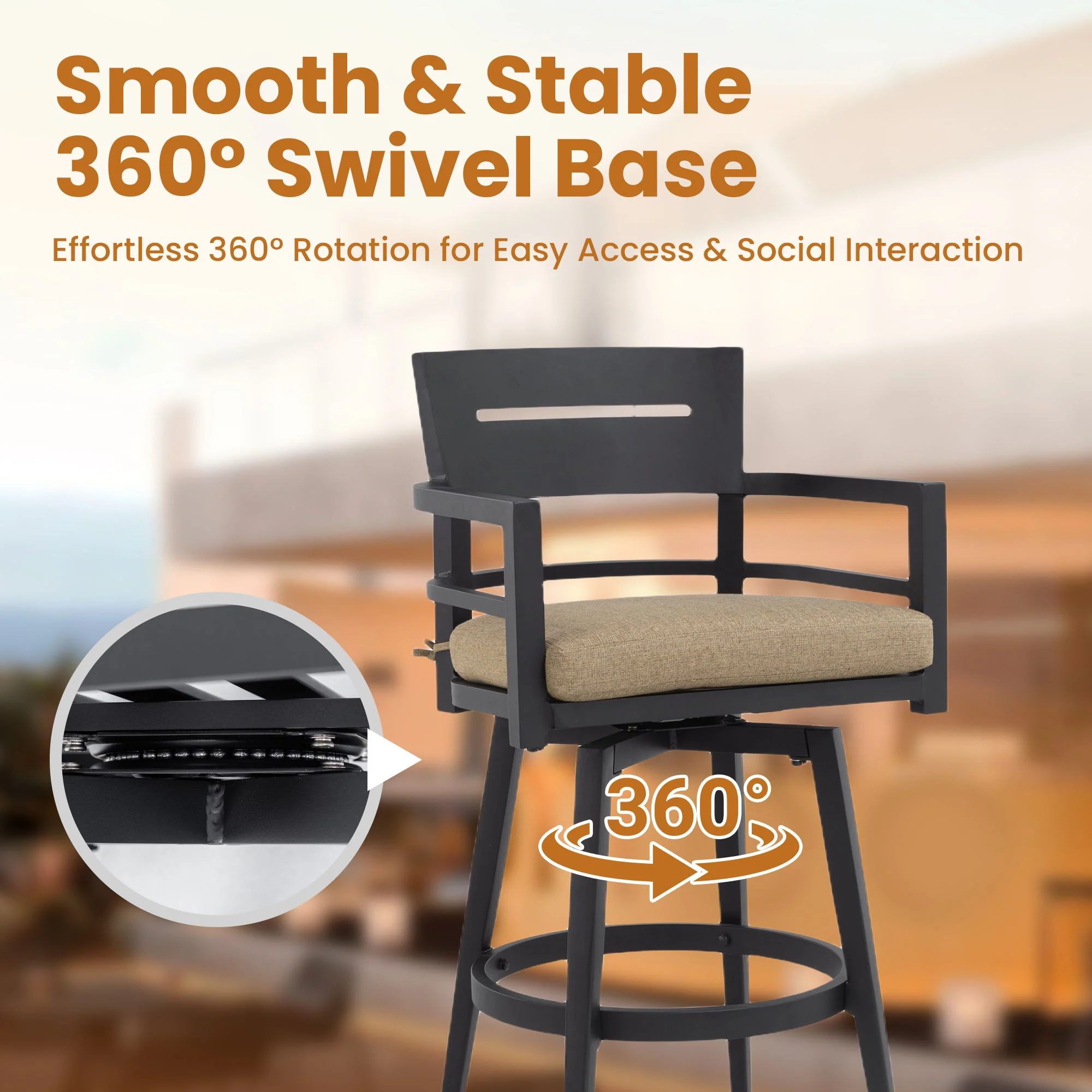 5 Pieces Outdoor Patio Bar Set, Rounded Square Sintered Stone Table & 4 Swivel Bar Chairs - Image 13