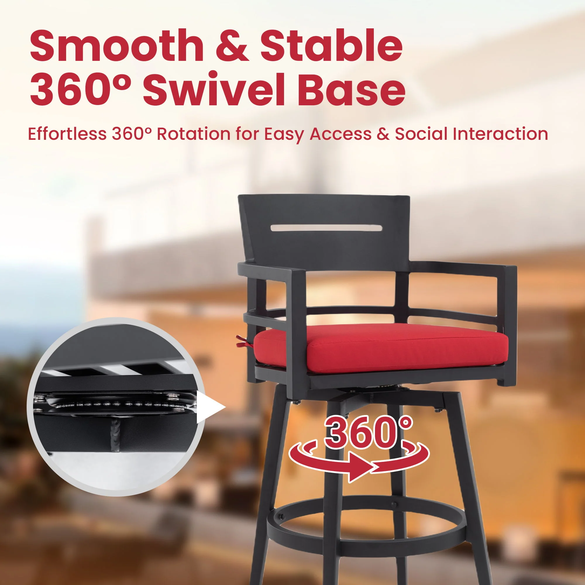 5 Pieces Outdoor Patio Bar Set, Rounded Square Sintered Stone Table & 4 Swivel Bar Chairs - Image 15
