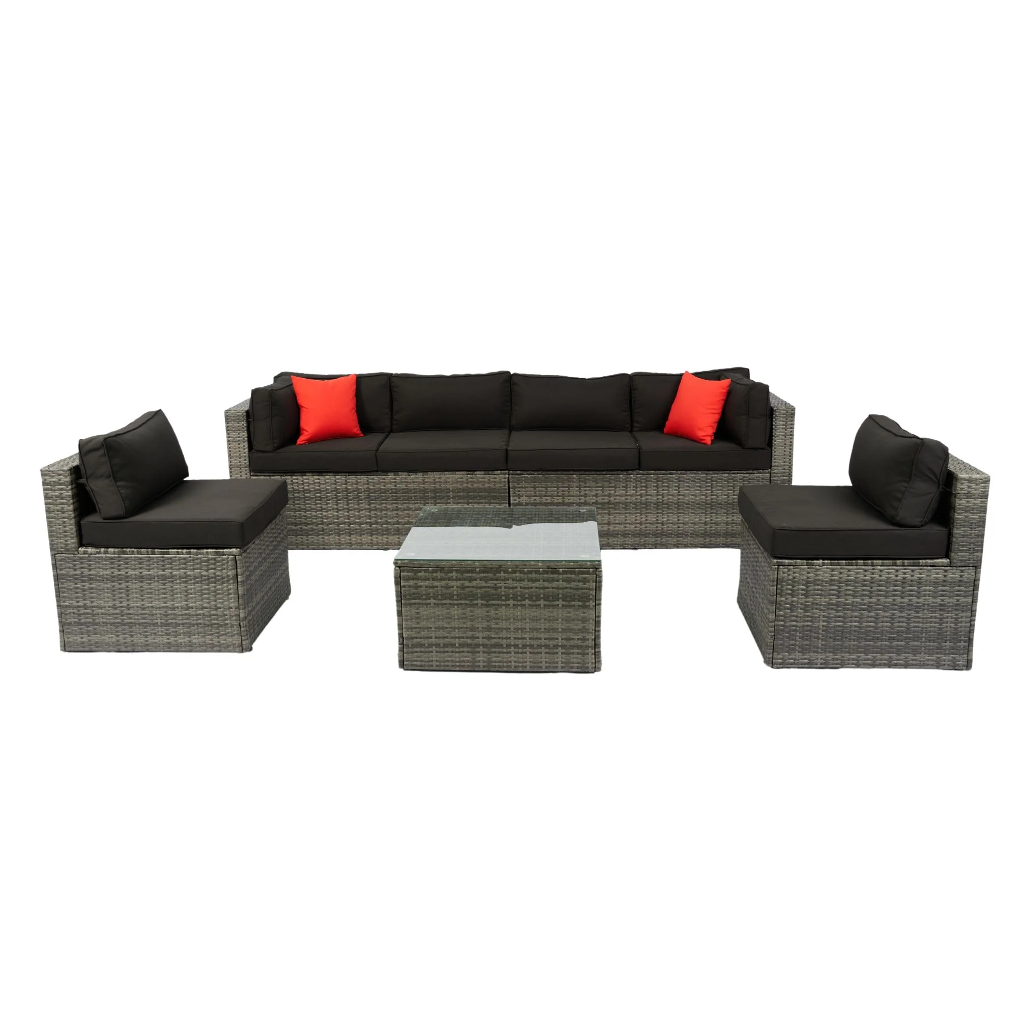5 Pieces Rattan Sectional Outdoor Furniture Cushioned U Sof Set With 2 Pillow - Gray / Black - Image 8