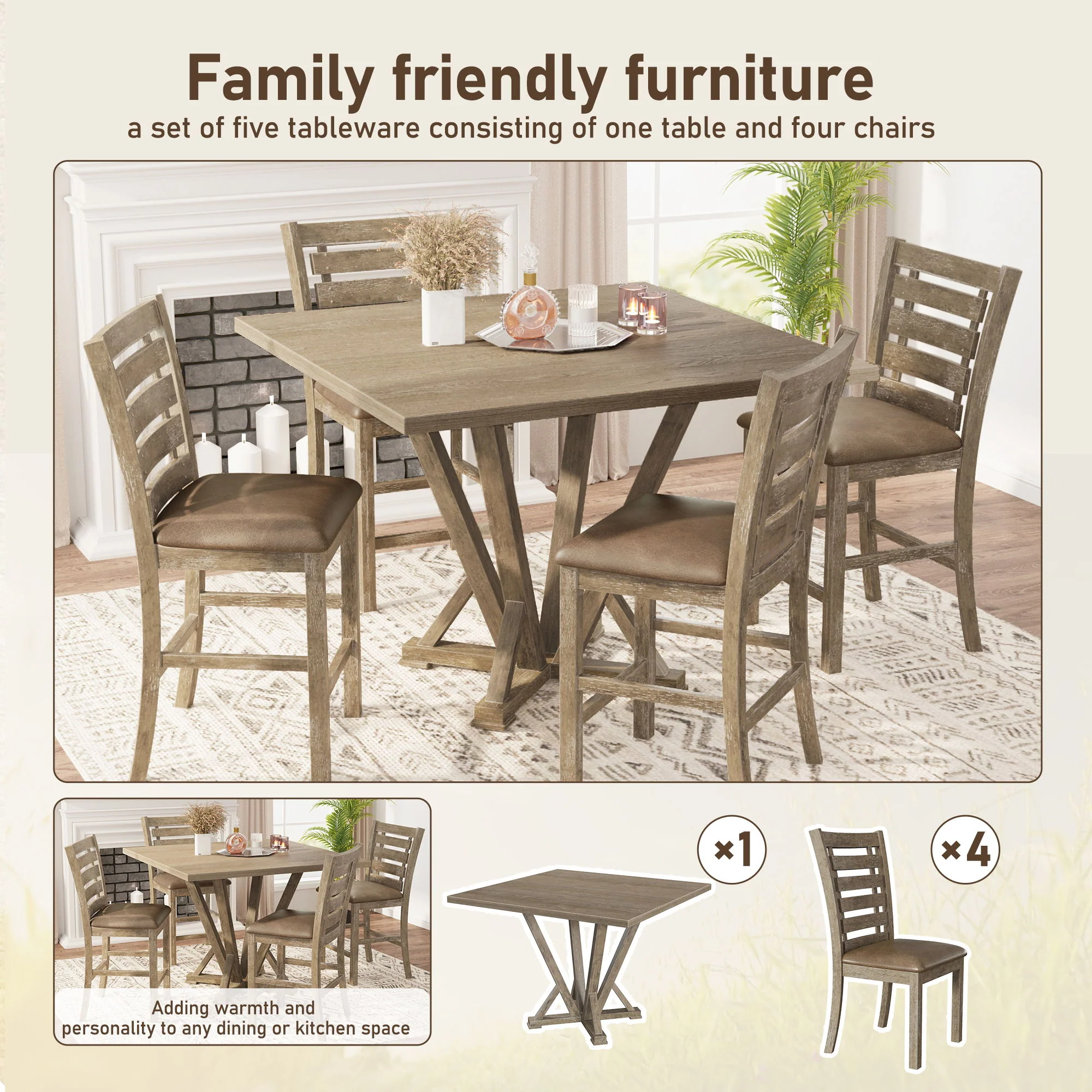 5 Pieces Set Counter Table Set Square Counter Table Solid Wood Modern Farmhouse Rustic Look Distressed Look - Grayish Brown - Image 8